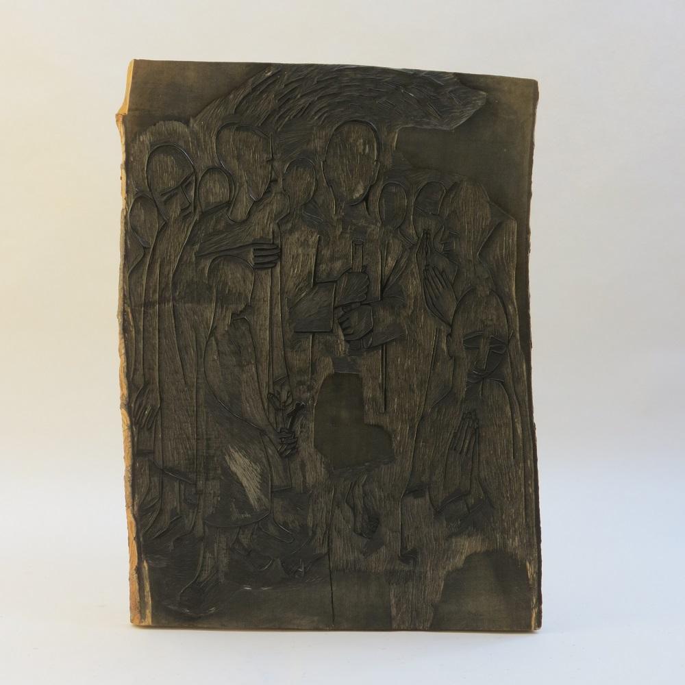 1950s woodcut wooden print block by Pauline Jacobsen. Very nicely detailed, hand carved lime wood then used for printing. Exceptionally well carved. The artist would often use the grain of the lime wood as a feature of the design. Remnants of the