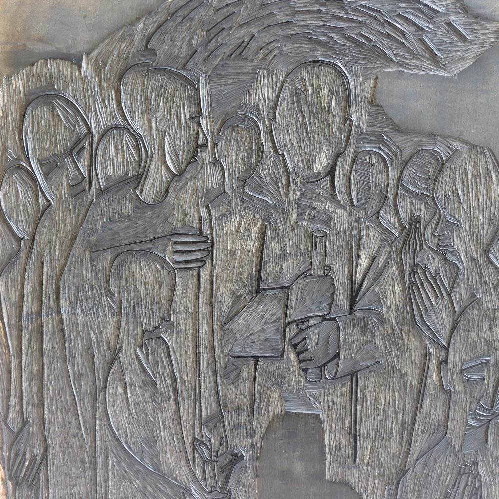 Hand-Carved 1950s large Woodcut Carved Wooden Print Block Christian Soul Pauline Jacobsen