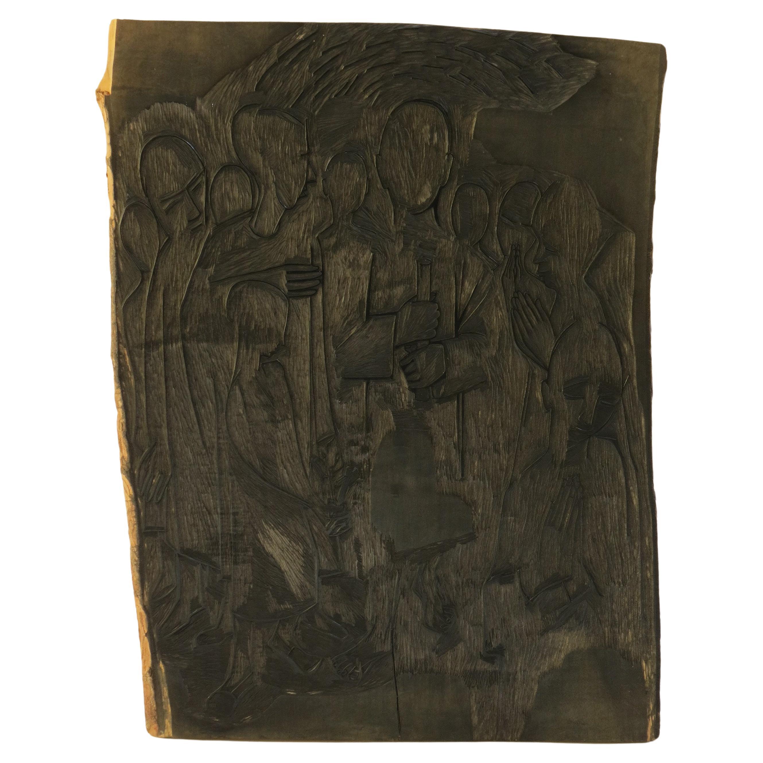1950s large Woodcut Carved Wooden Print Block Christian Soul Pauline Jacobsen For Sale