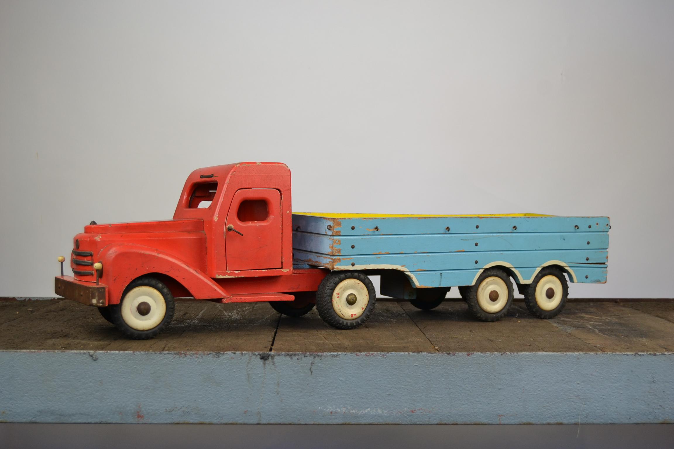 Mid-Century Modern Large Wooden Toy Truck with Trailer by Bigge, Germany