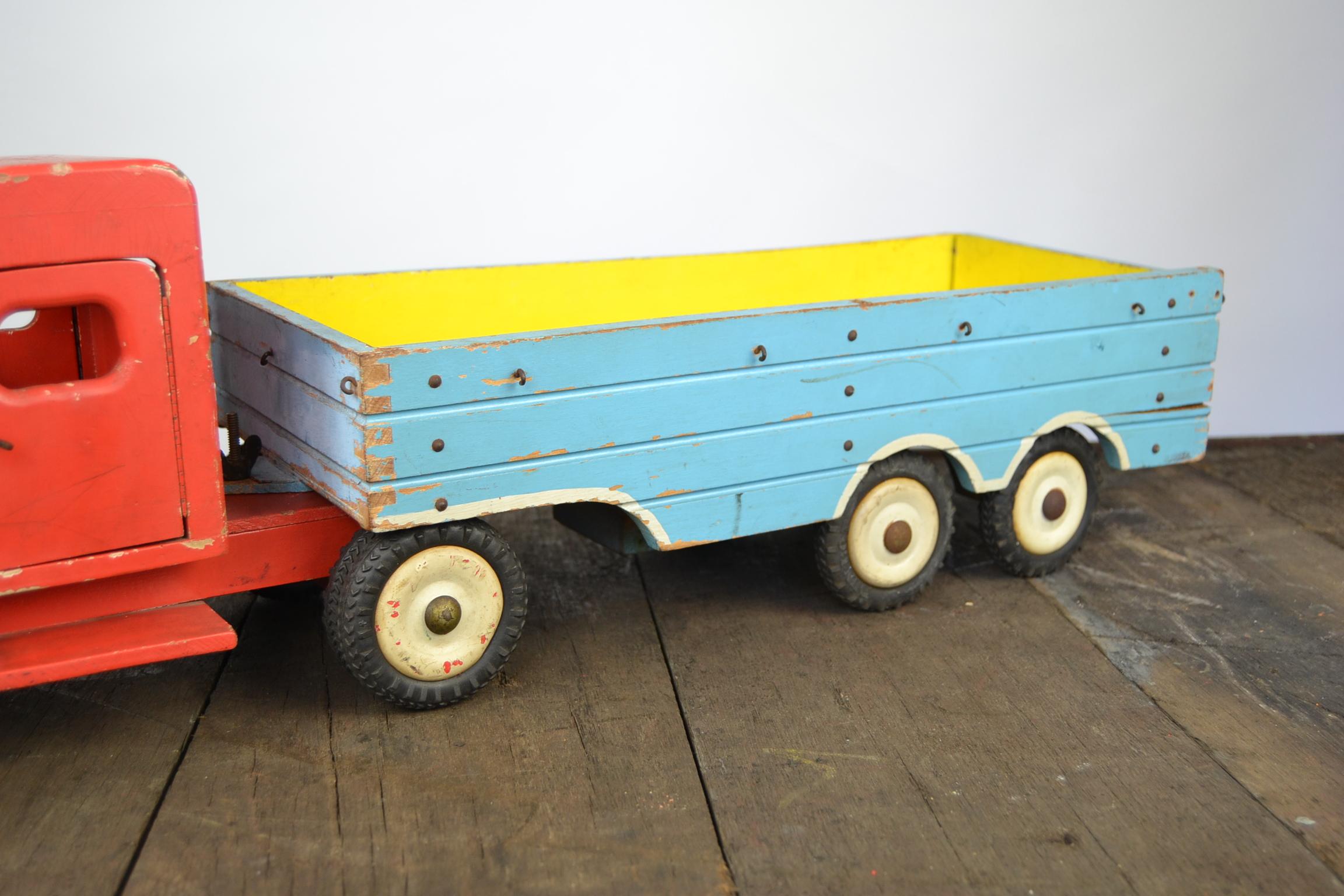 Metal Large Wooden Toy Truck with Trailer by Bigge, Germany