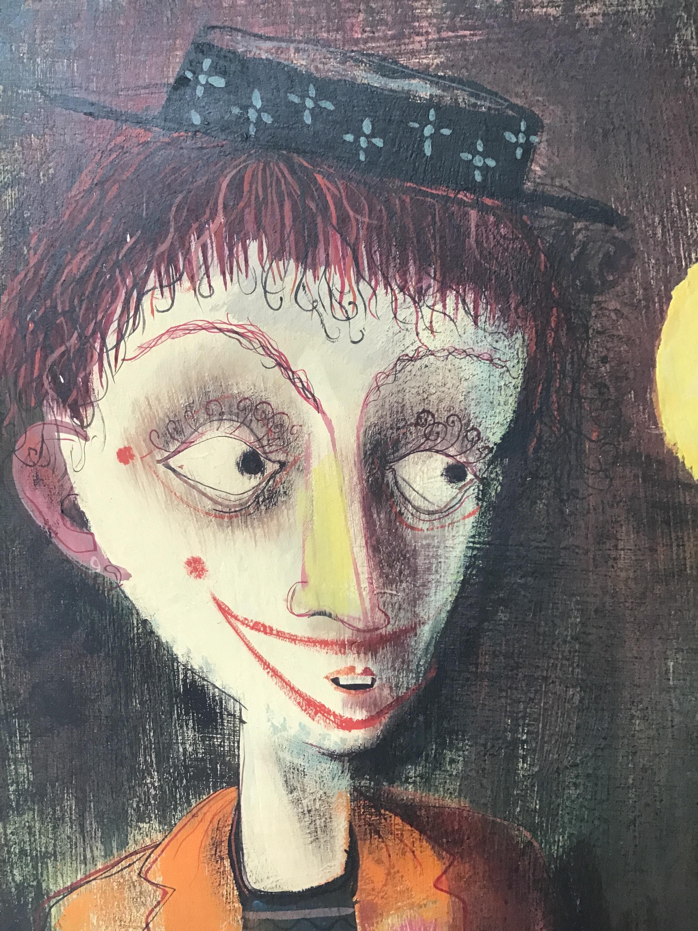 1950s Le Goullon Oil on Board of Clown In Good Condition For Sale In Tarrytown, NY