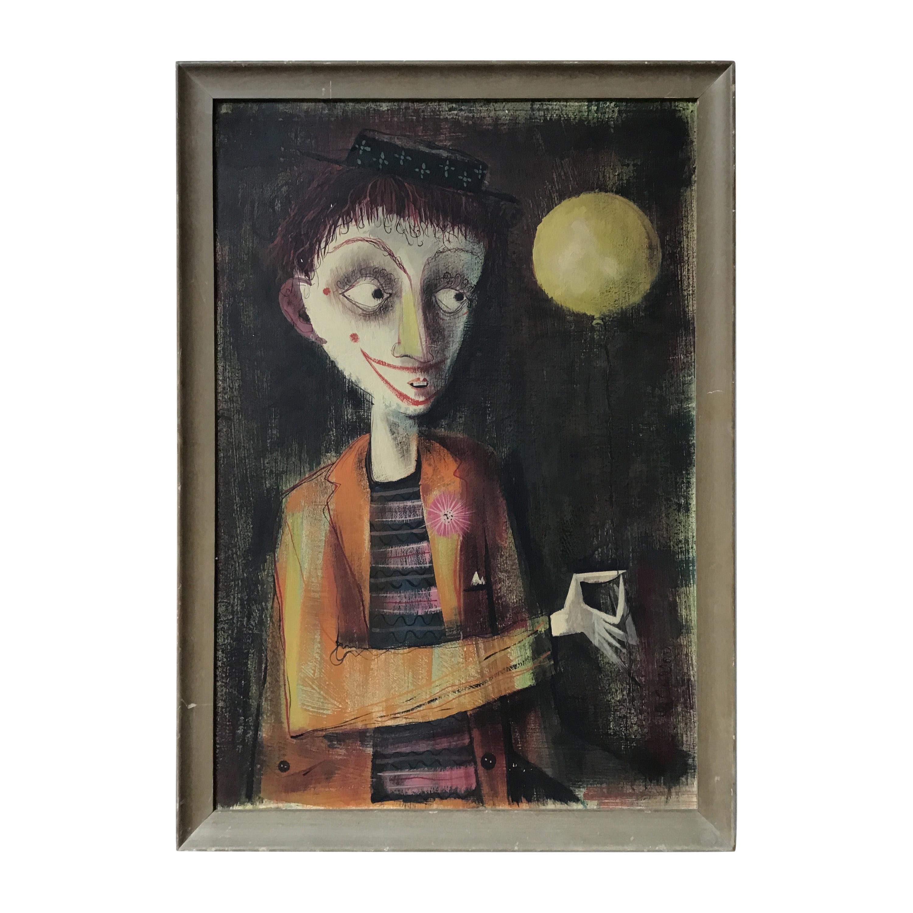 1950s Le Goullon Oil on Board of Clown For Sale