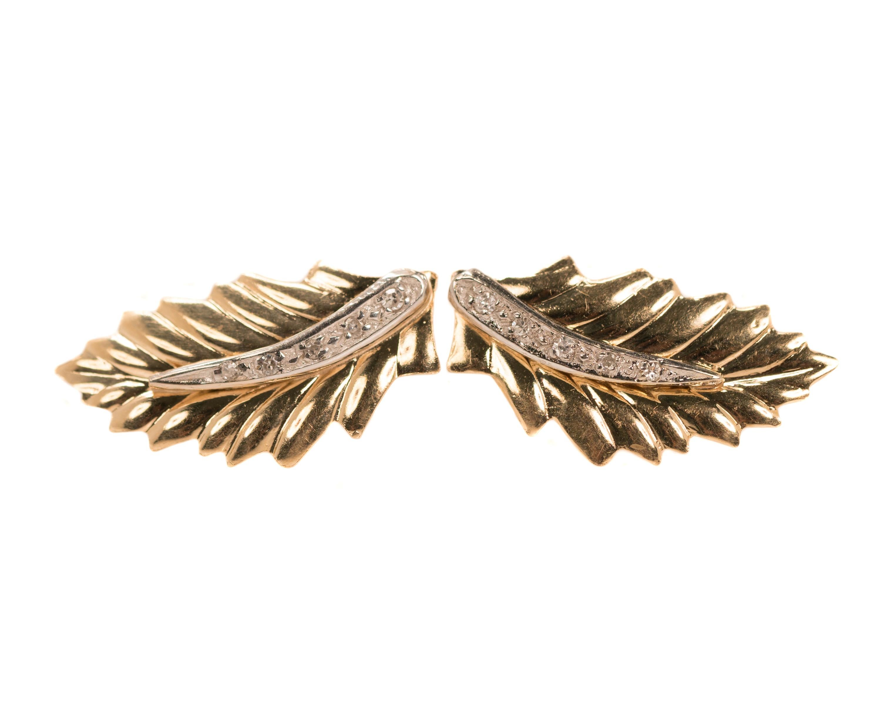 1950s Retro Feather, Leaf Earrings - 14 Karat Yellow Gold, White Gold, Diamonds

Features:
Elegant Leaf or Feather Design
14 Karat Yellow Gold Earring, Post and Back
14 Karat White Gold and Diamond Accent Center Stalk
Friction push back