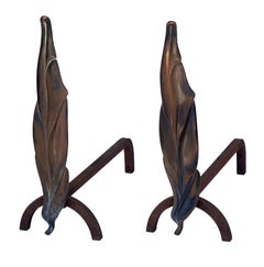 1950's Leaf Flame Bronze & Iron Andirons in the style of Neil Peper