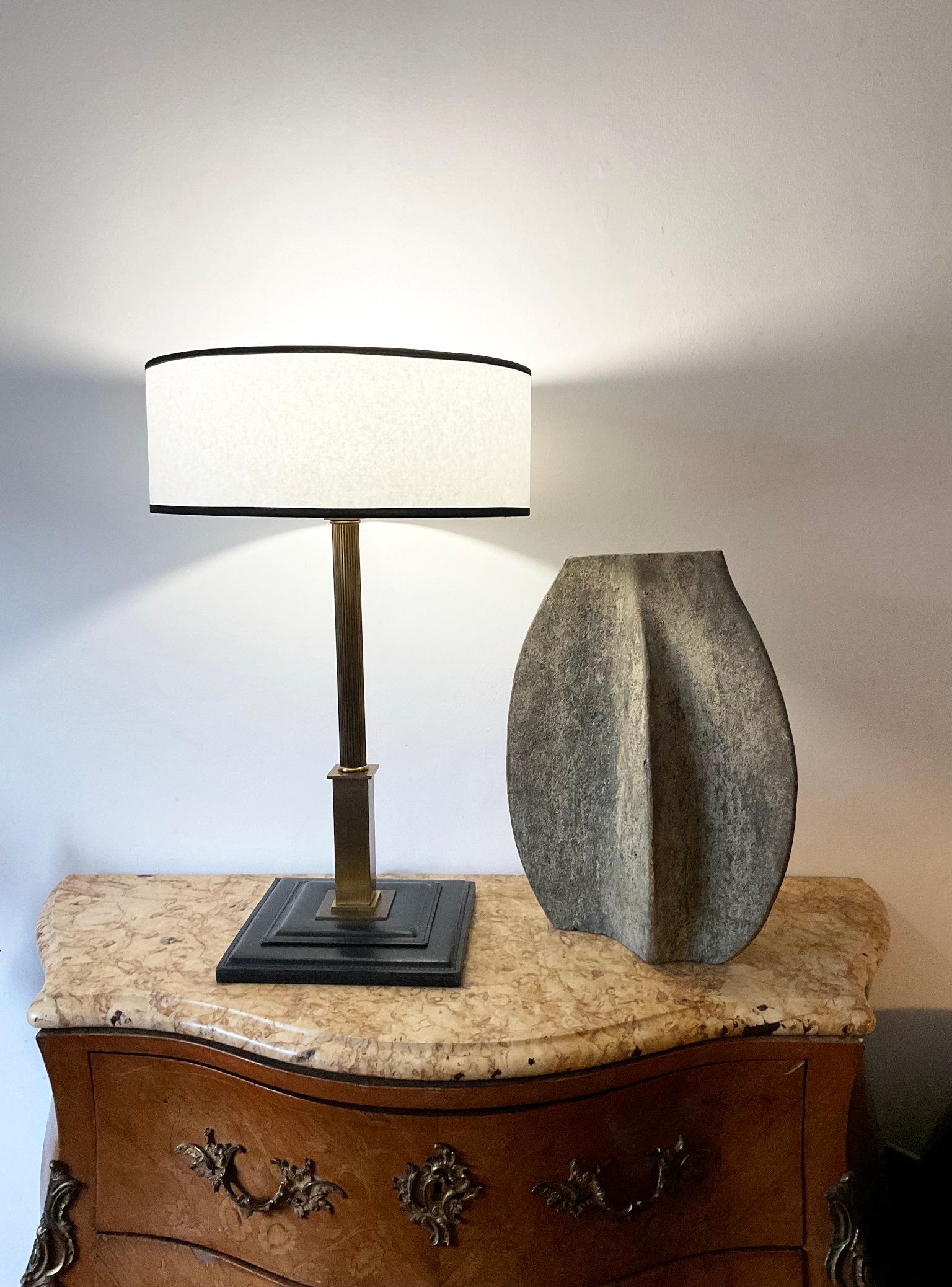 French 1950s Table Lamp Attributed to Maison Longchamp France in Black Leather For Sale