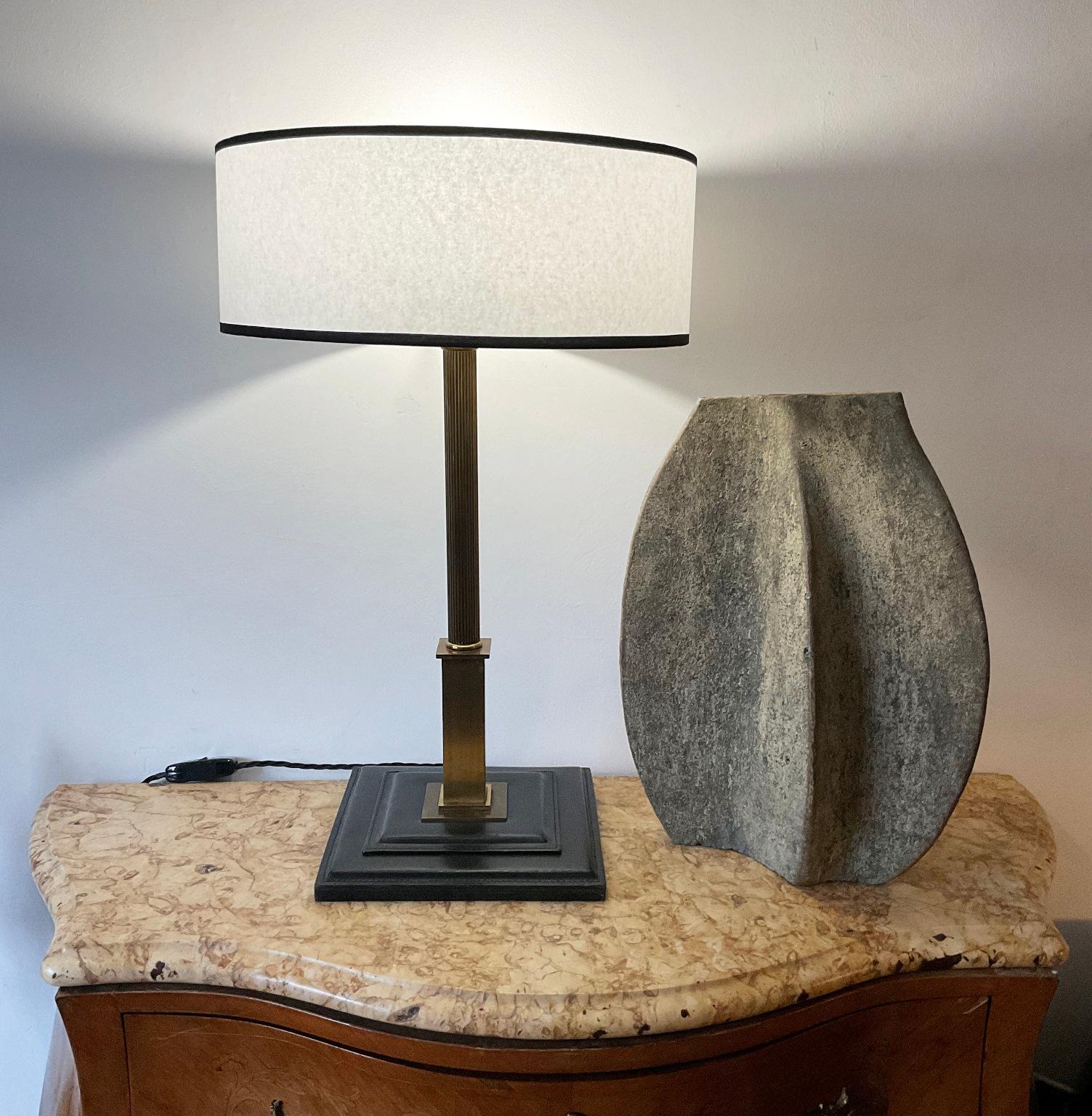 Mid-20th Century 1950s Table Lamp Attributed to Maison Longchamp France in Black Leather For Sale