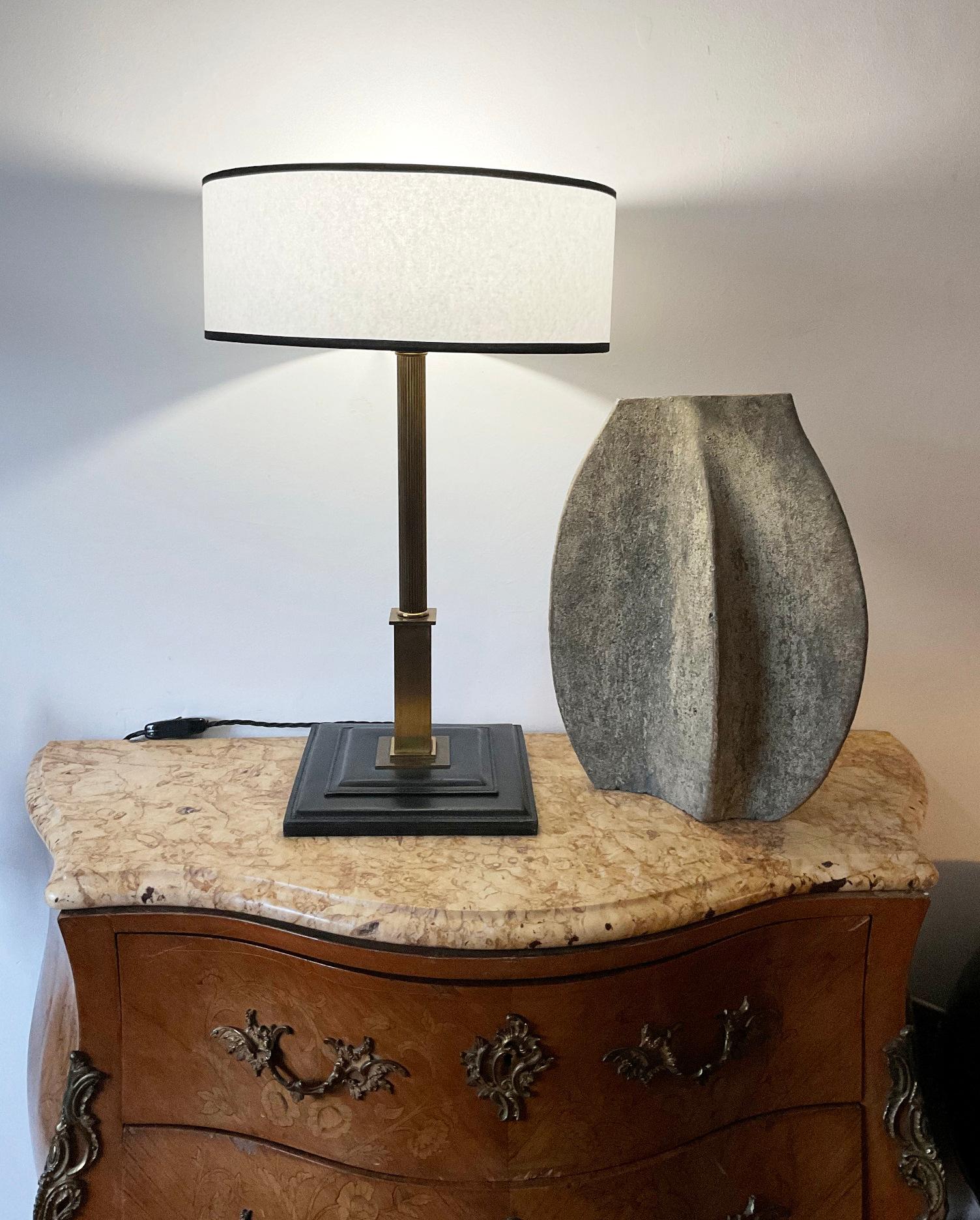 Parchment Paper 1950s Table Lamp Attributed to Maison Longchamp France in Black Leather For Sale