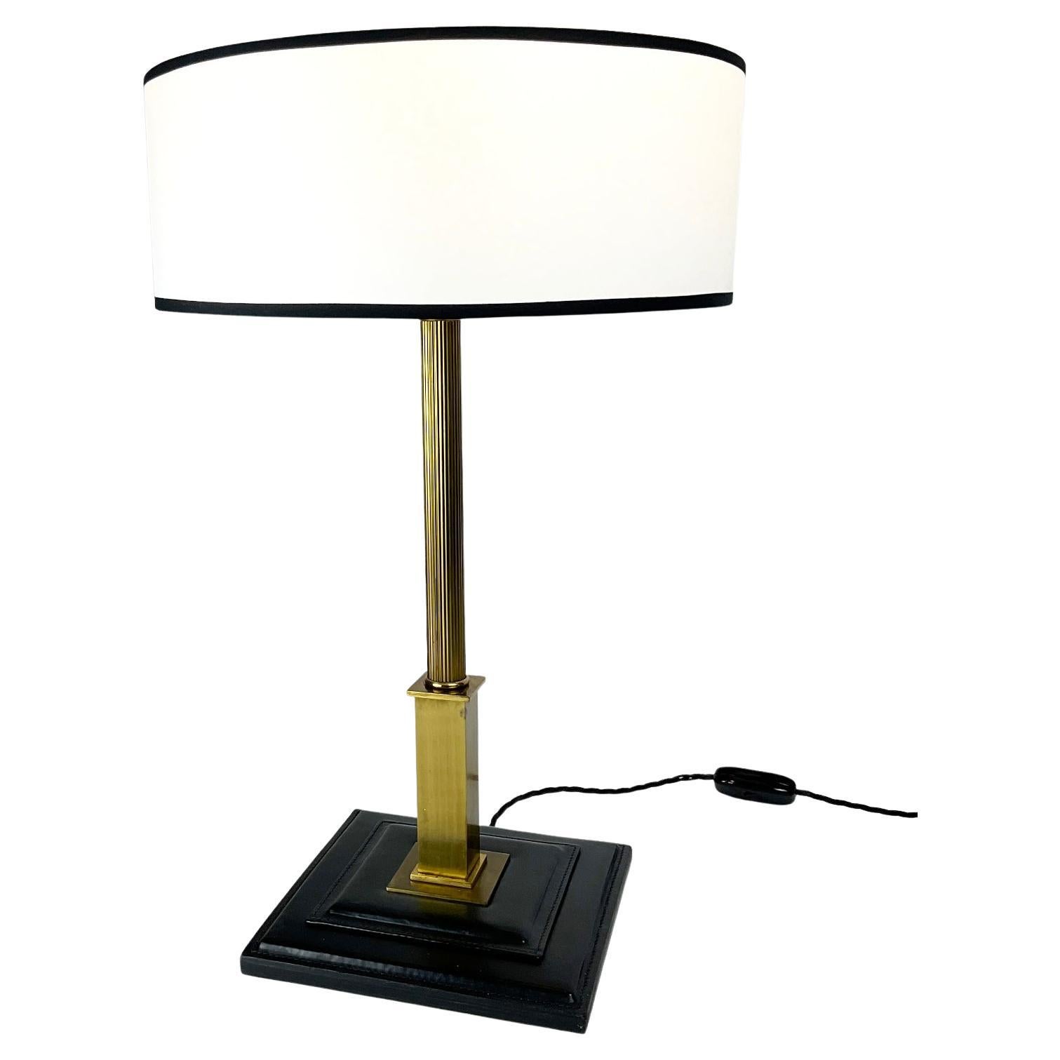 1950s Table Lamp Attributed to Maison Longchamp France in Black Leather