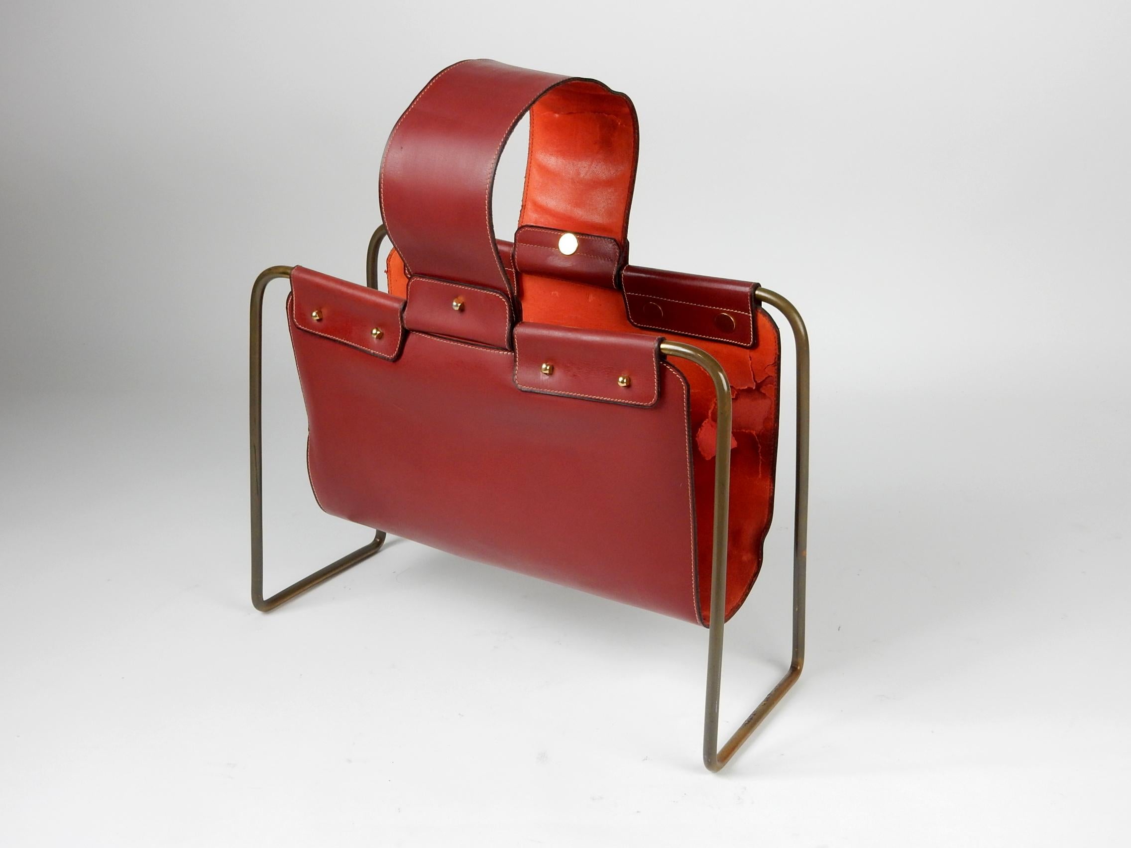 Mid-Century Modern 1950s Leather and Bronze Magazine Holder Stand For Sale