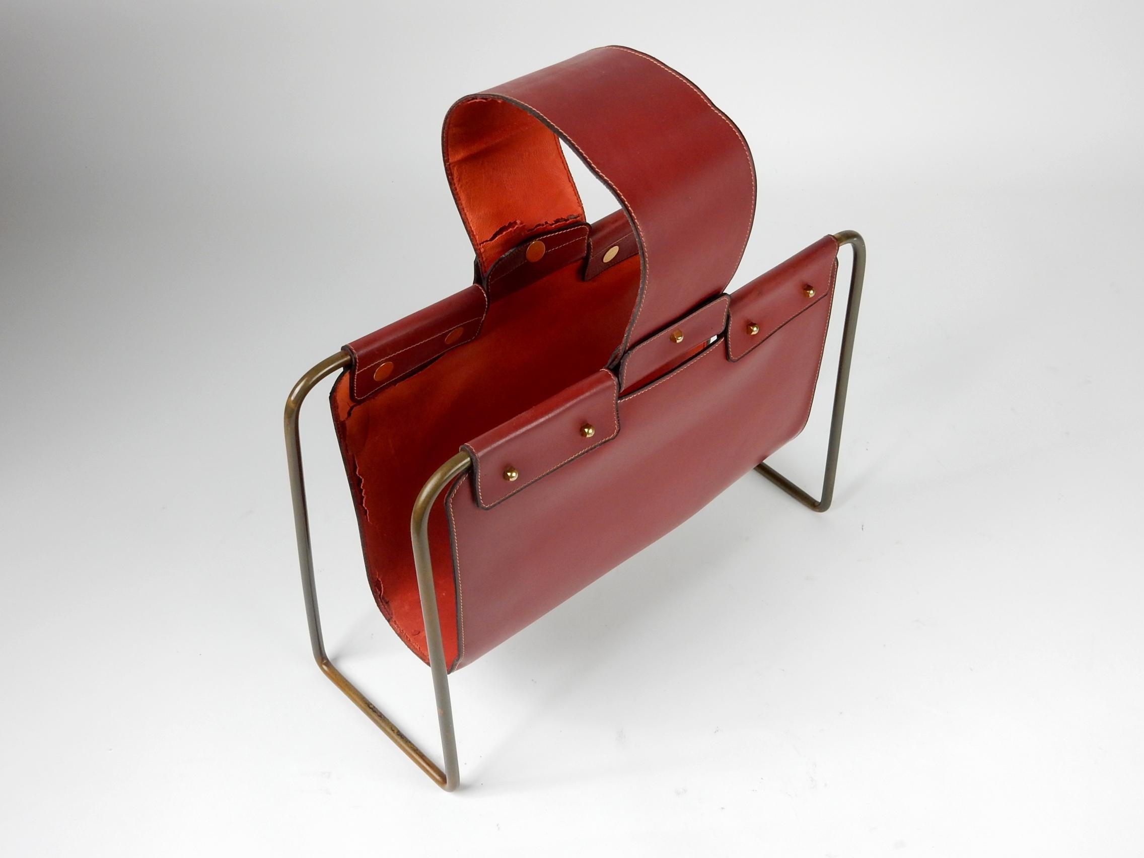 1950s Leather and Bronze Magazine Holder Stand In Fair Condition For Sale In Las Vegas, NV