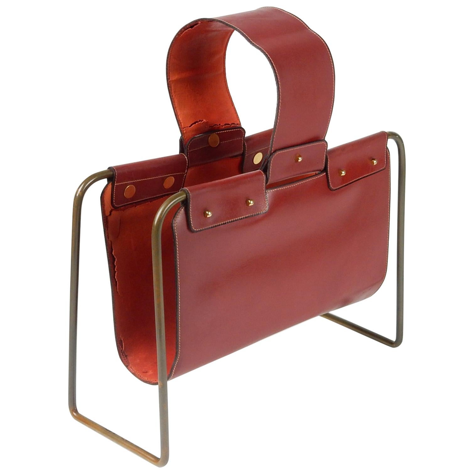 1950s Leather and Bronze Magazine Holder Stand