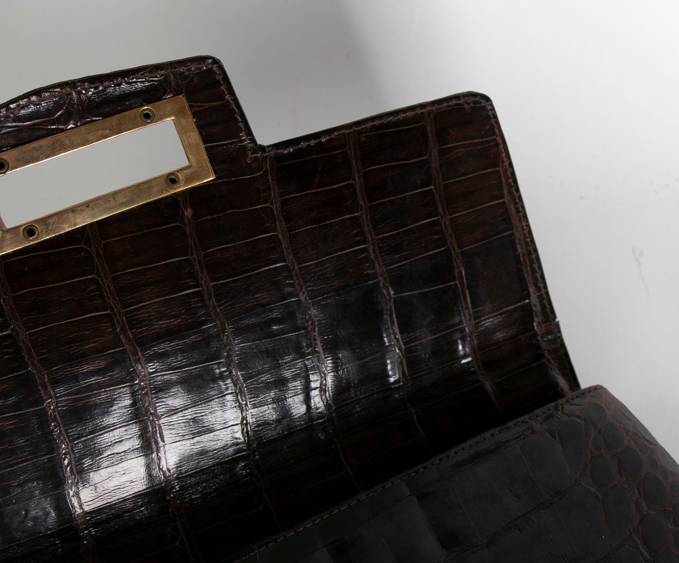 1950s Leather Bag with Decorations and Golden Metal Clasp For Sale 1