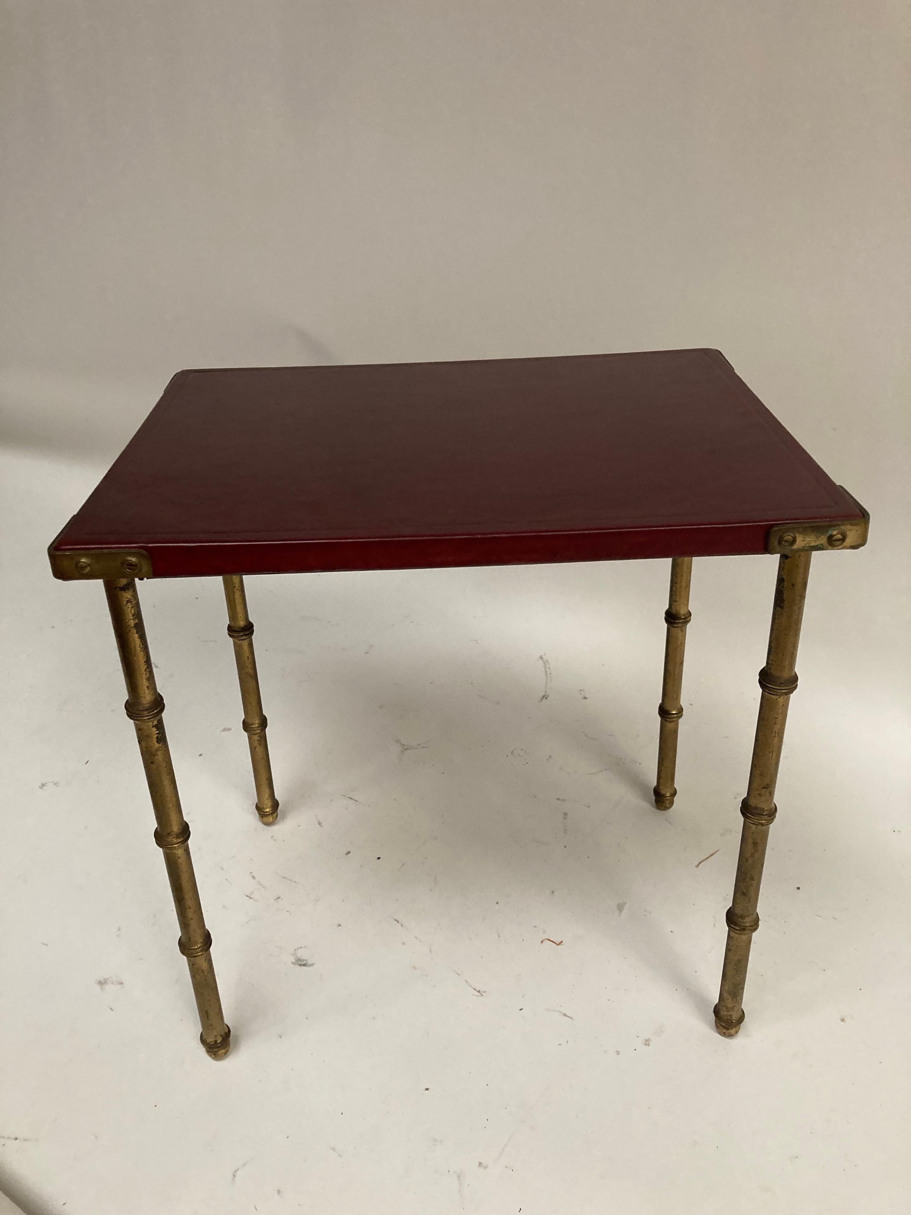 French 1950's Leather & Brass Table by Jacques Adnet