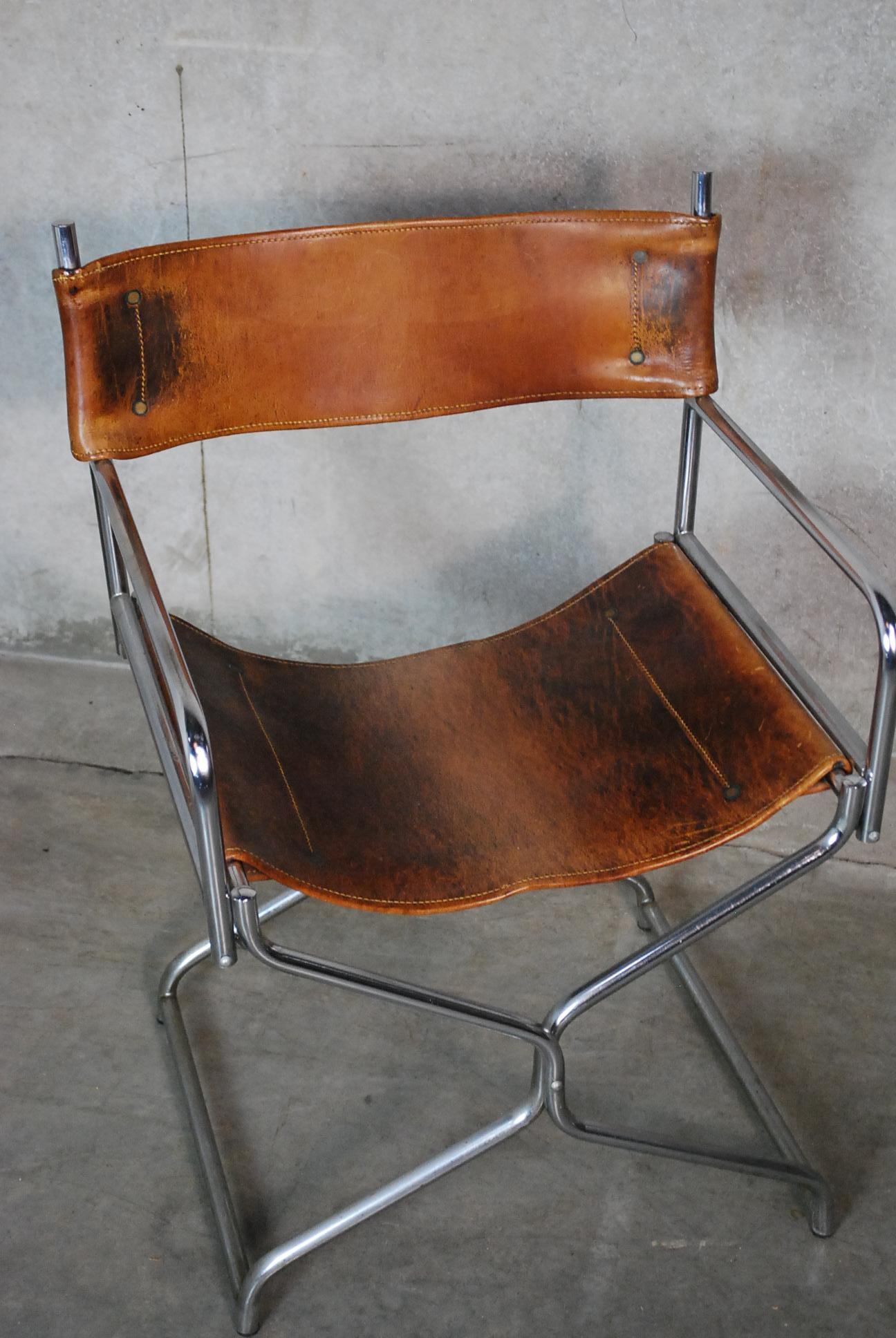 A pair of solid leather/ chrome folding safari chairs acquired from private collection in Vancouver. These items were apparently purchased in NYC in 1960s and shipped to BC.
Leather is thick and solid with no tears or weak spots. Maker unknown.