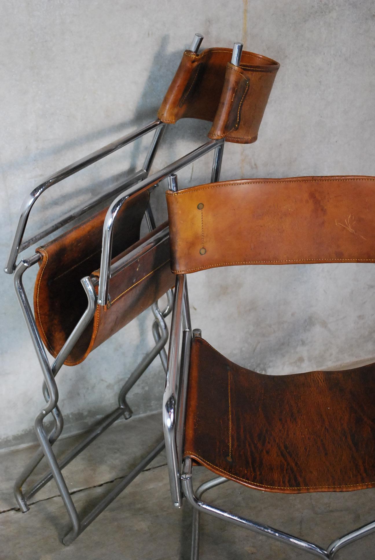 1950s Leather Chrome Folding Safari Director Chairs In Good Condition In Surrey, BC