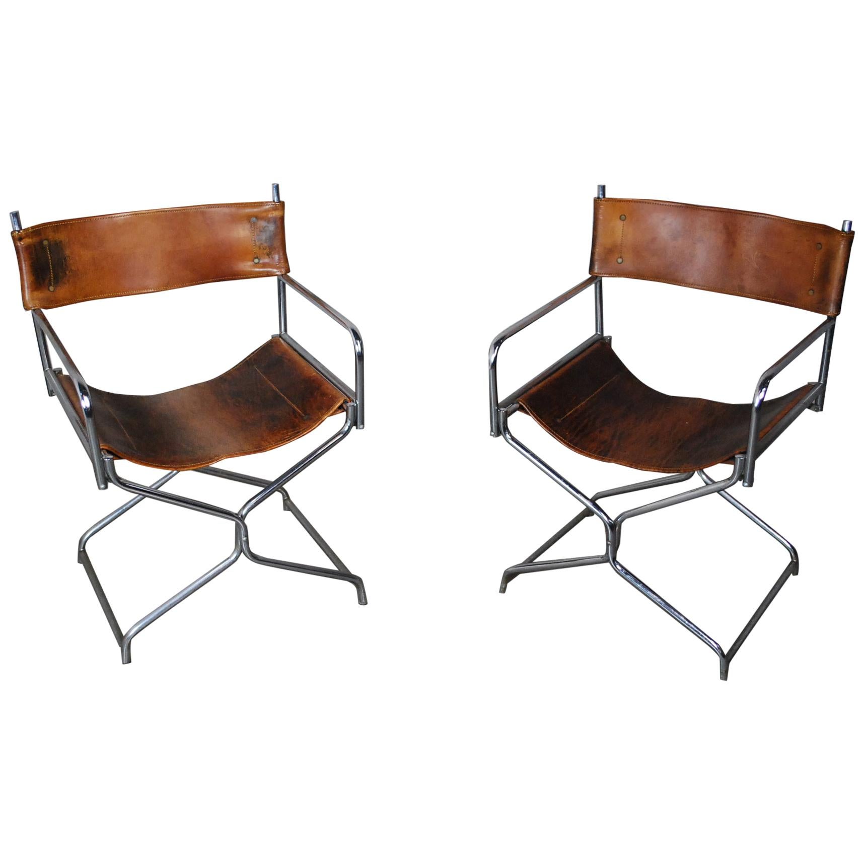 1950s Leather Chrome Folding Safari Director Chairs