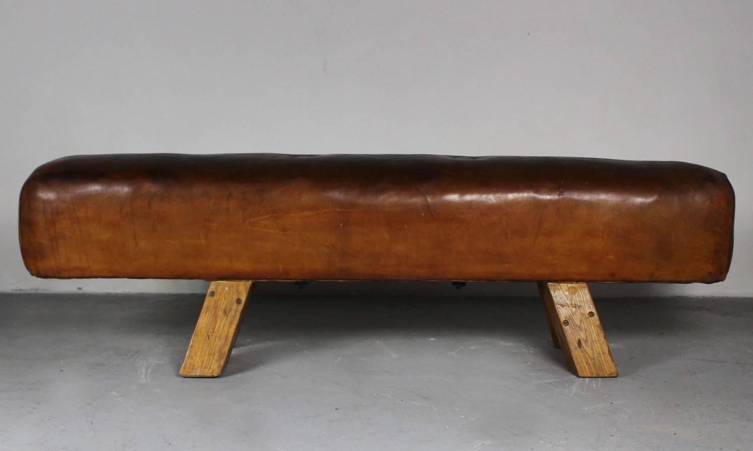 Leather gym pommel horse from the 1950s. Very good original condition.