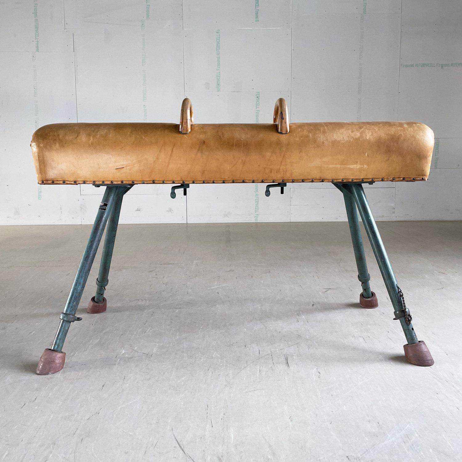Raro cavallo da palestra in pelle degli anni '50. Prodotto in Svizzera. Con gambe in ferro regolabili in altezza e maniglie in legno massiccio. Corpo in pelle splendidamente patinato. Base in ferro pesante con piedini in gomma. In pieno stato di