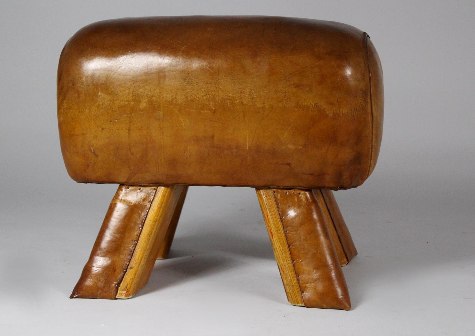 Industrial 1950s Leather Gym Stool / Bench
