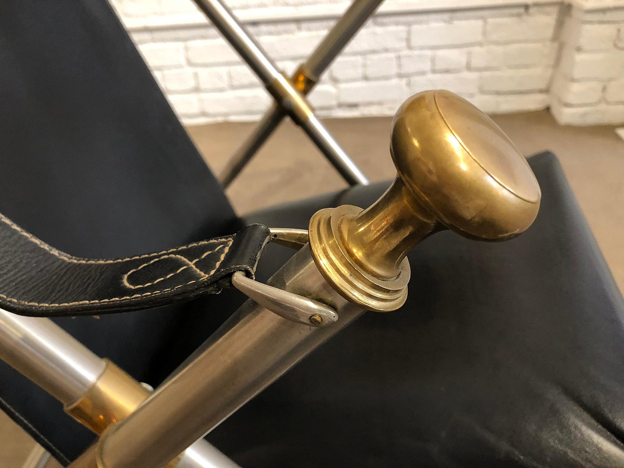 Italian 1950s Leather, Steel and Brass Campaign Style Chair