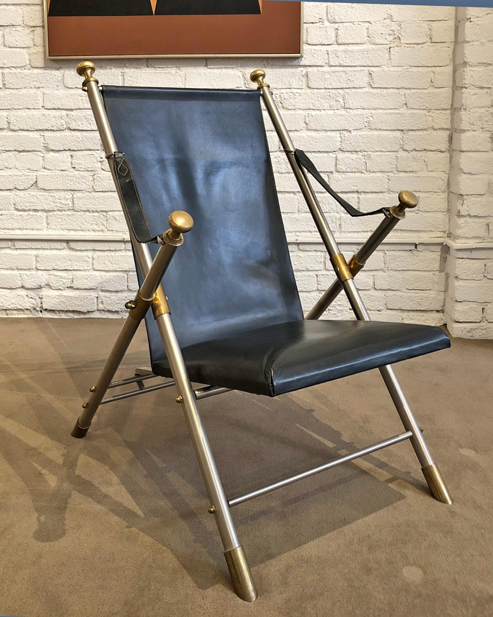 1950s Leather, Steel and Brass Campaign Style Chair 1