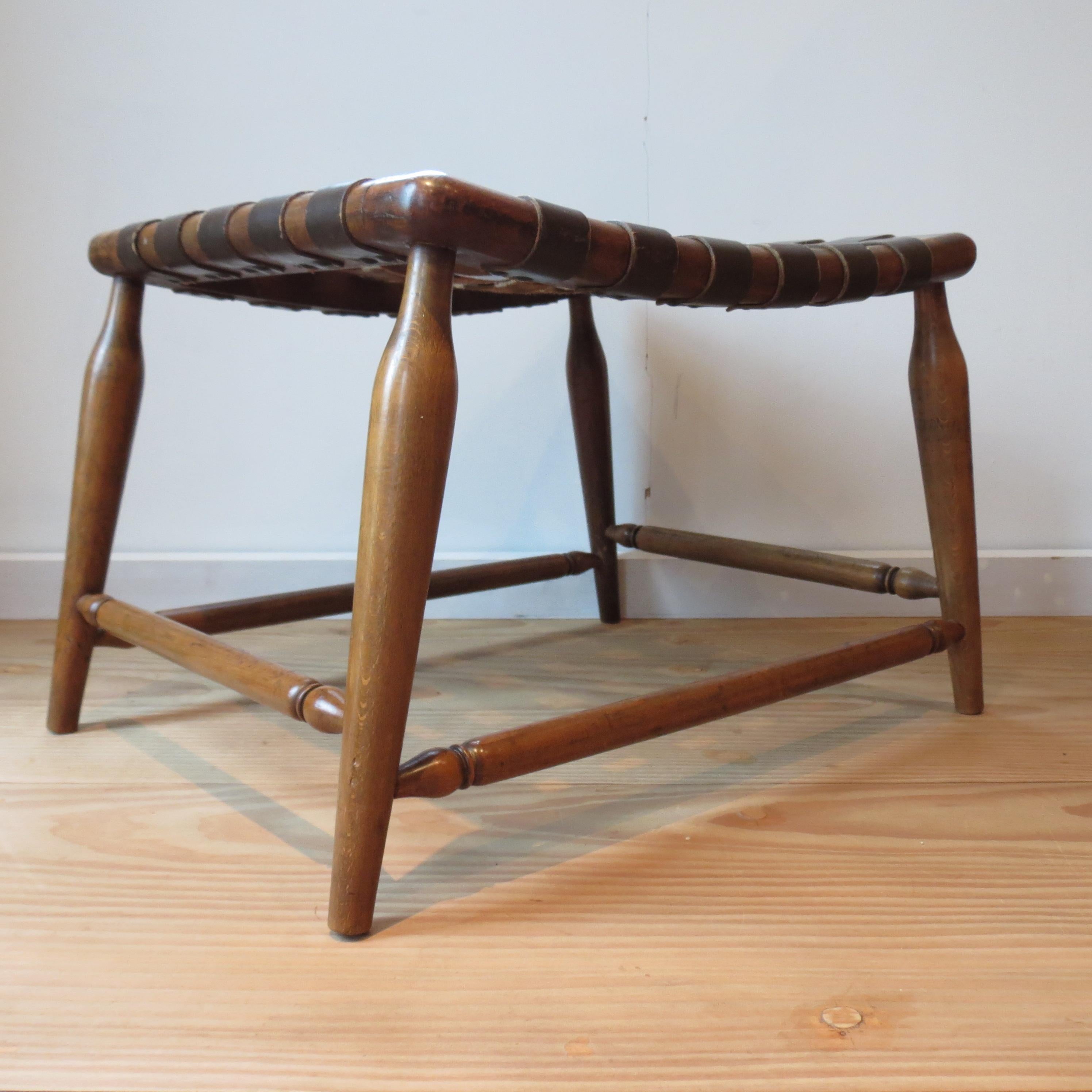 English 1950s Leather Strap and Wooden Stool