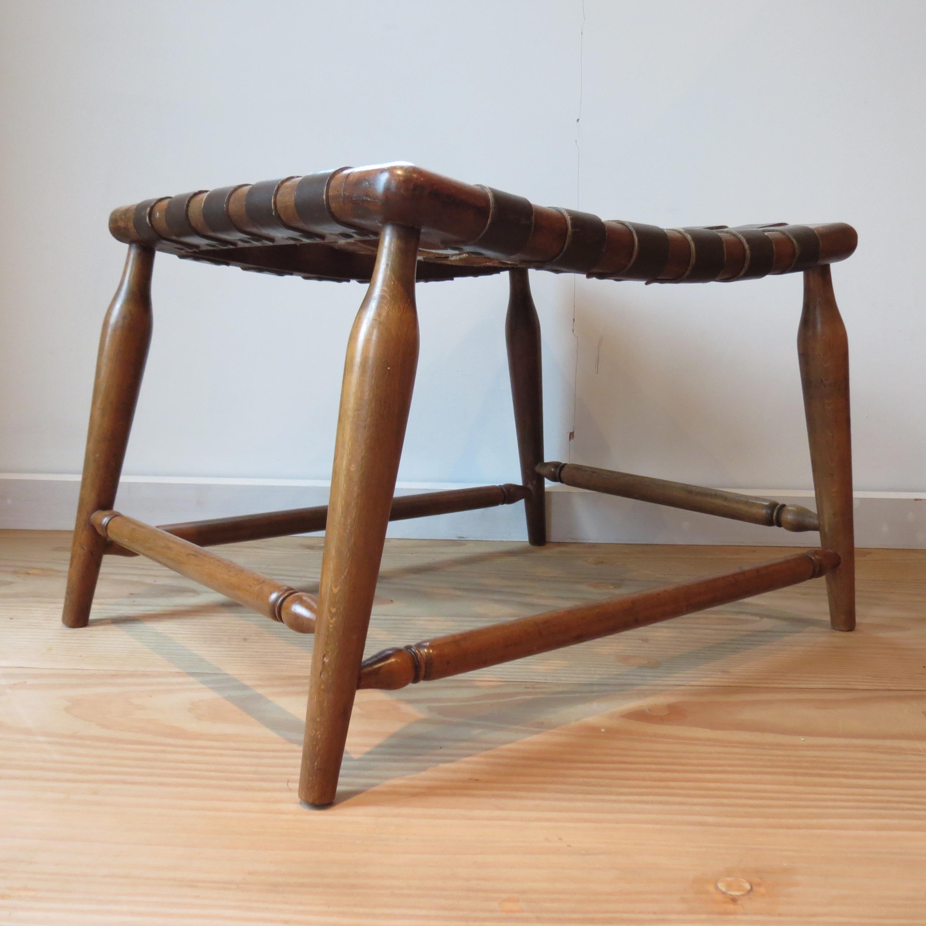Hand-Crafted 1950s Leather Strap and Wooden Stool