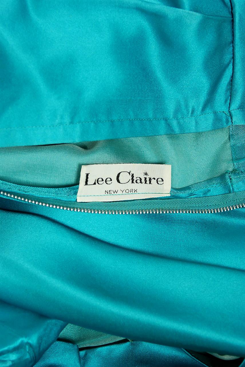 Vintage 1950's Lee Claire Aqua-Blue Silk Ruched Asymmetric Draped Cocktail Dress In Good Condition For Sale In Beverly Hills, CA