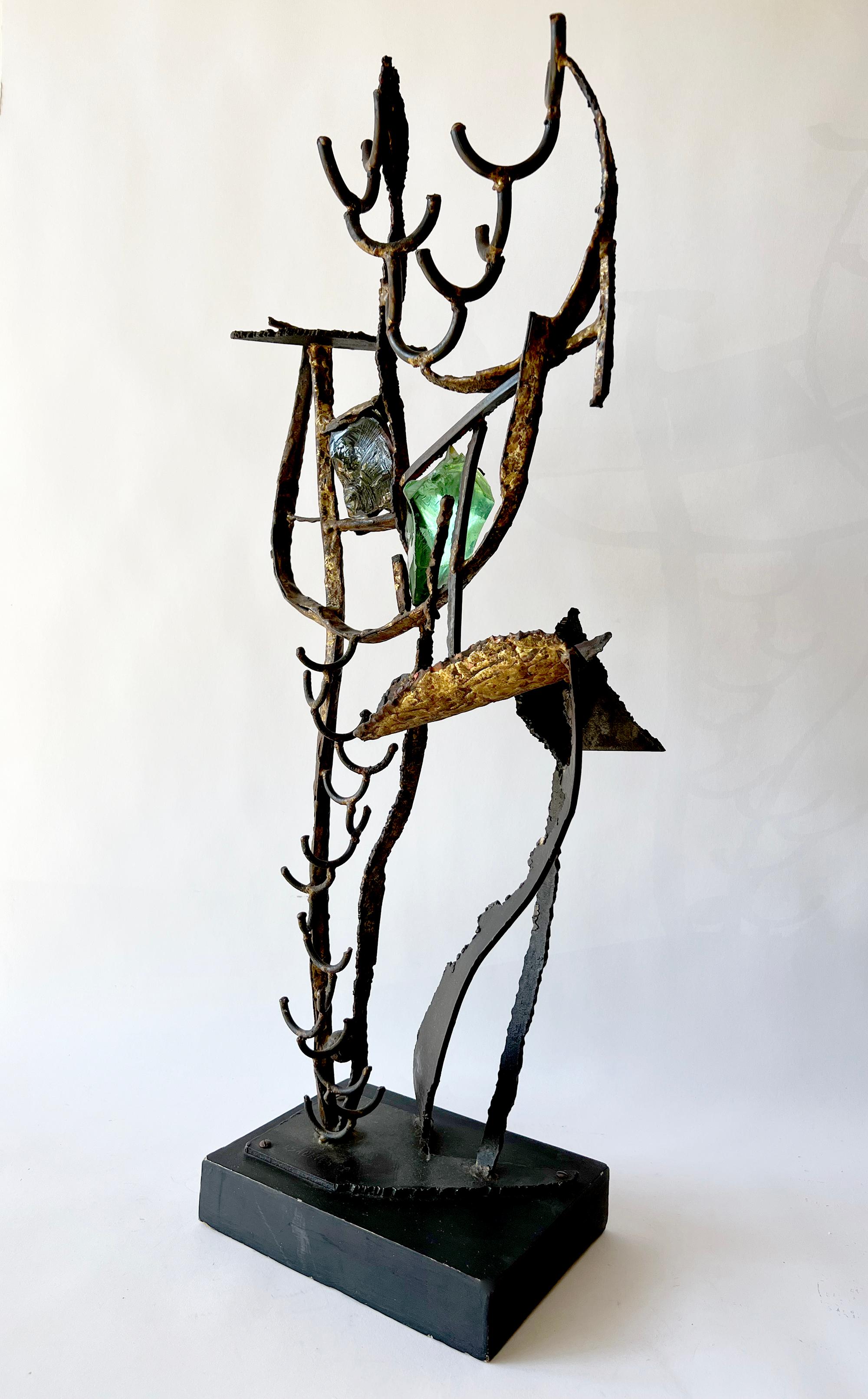 Mid-Century Modern 1950s Leon Saulter California Abstract Modern Iron Glass Sculpture For Sale