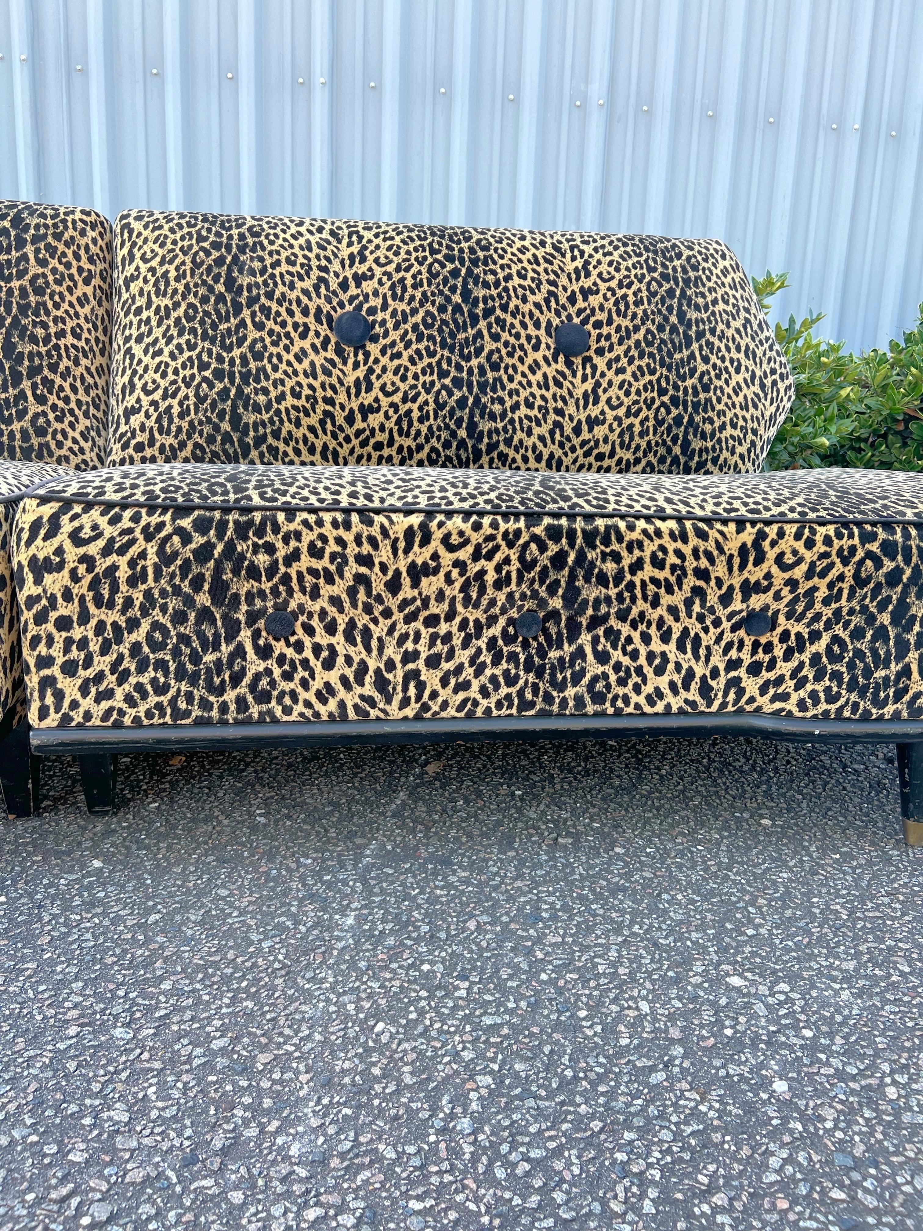 Ebonized 1950’s Leopard 2 Piece Sectional Sofa For Sale