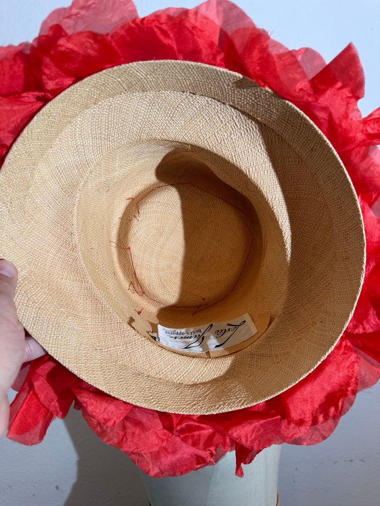 Vintage 60s Leslie James Straw Wide Brim Floral Lace Sun Hat Cream Ivory Wide Brim Vintage Hats for Women for sale | eBay main image 2