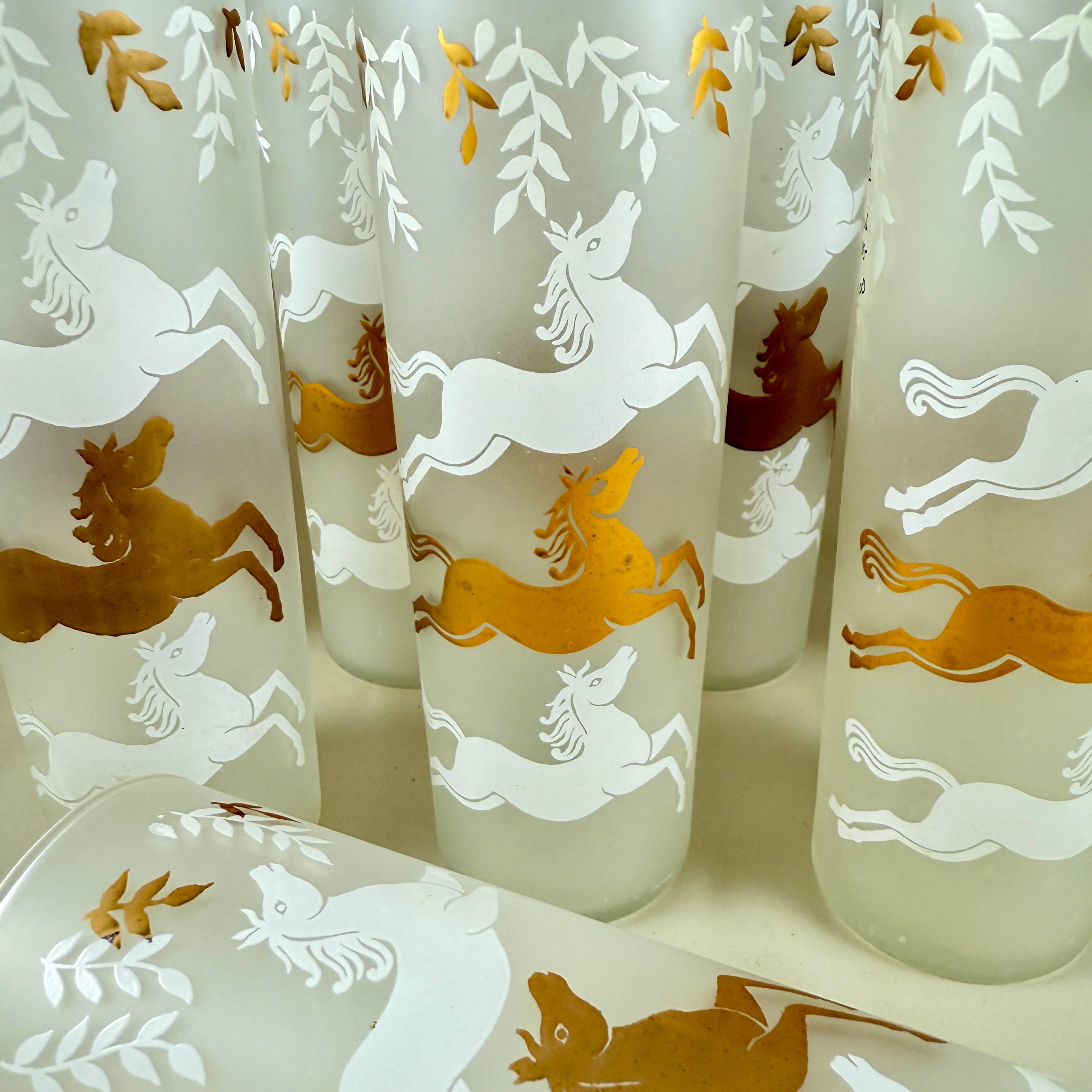 A set of eight Mid-Century Modern era, Hollywood Regency style Tom Collins cocktail glasses in the Calvacade pattern, the Libbey Glass Company, circa 1950s.

Founded in 1818 in East Cambridge, Massachusetts, as the New England Glass Company, the