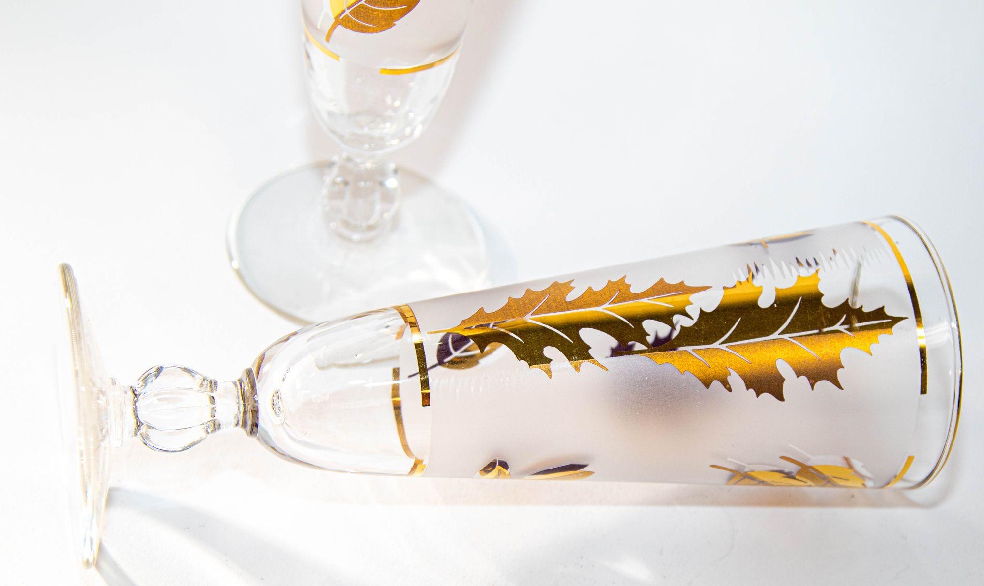 1950er Jahre Libbey Golden Foliage Pilsner Glas Satz von 6 mattiert mit Blattgold im Angebot 2