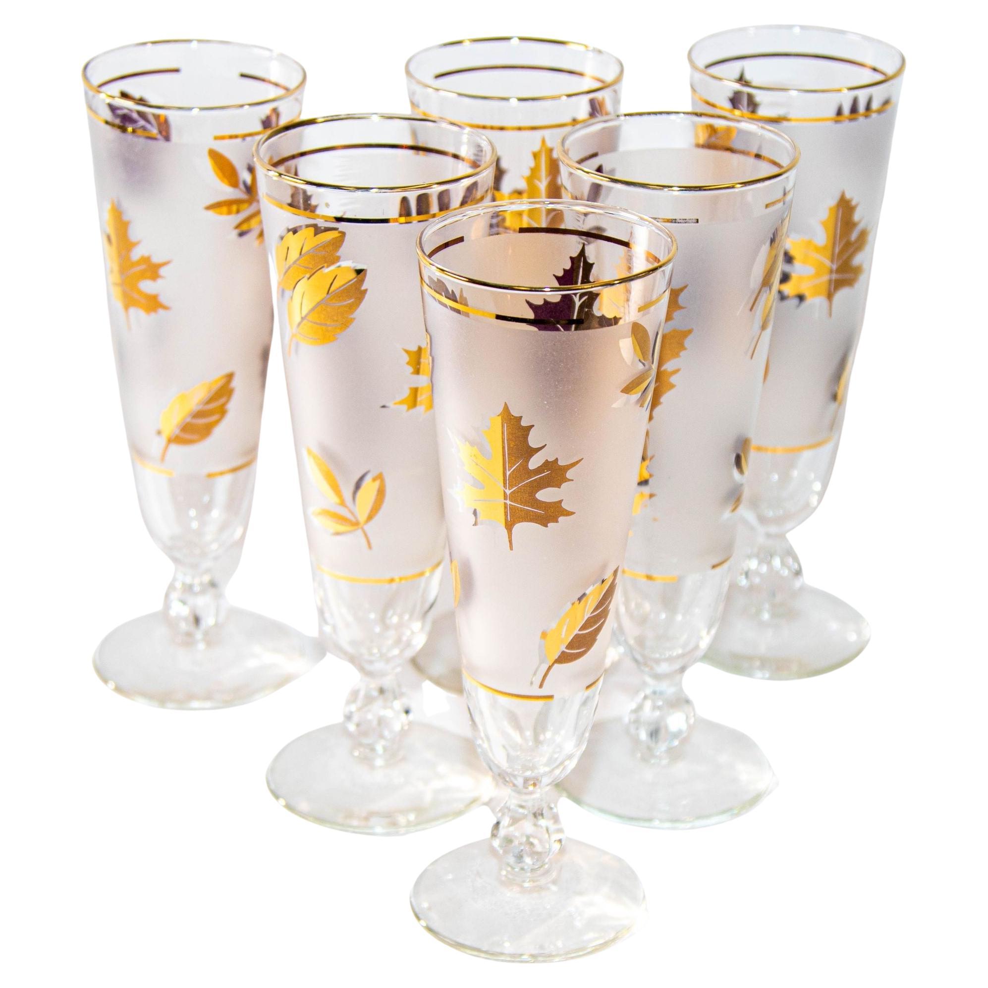 1950s Libbey Golden Foliage Pilsner Glass set of 6 Frosted with Gold Leaf