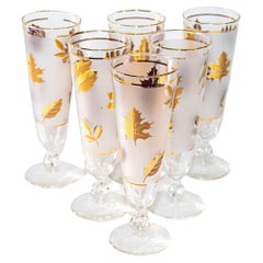 Retro 1950s Libbey Golden Foliage Pilsner Glass set of 6 Frosted with Gold Leaf