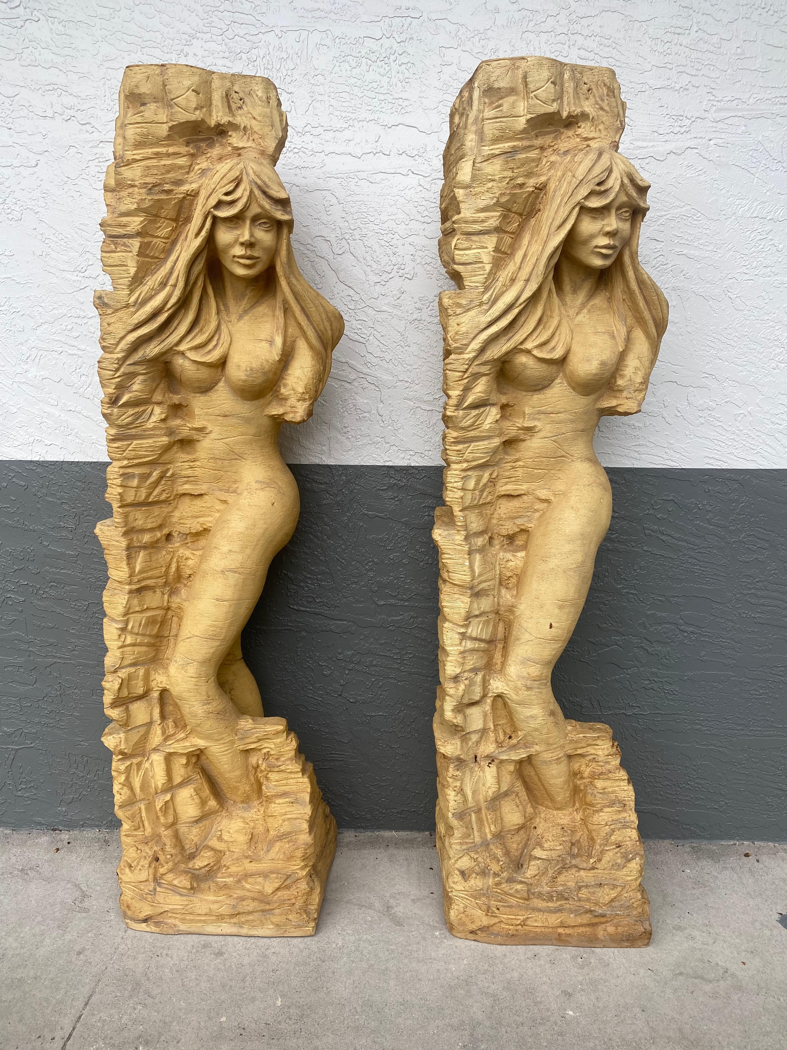 These extremely rare and stylish statues are packed with personality! Outstanding design is exhibited throughout. We are delighted to offer for sale this absolutely stunning parchment life-size sculpture statues of nude female Sirens in resin