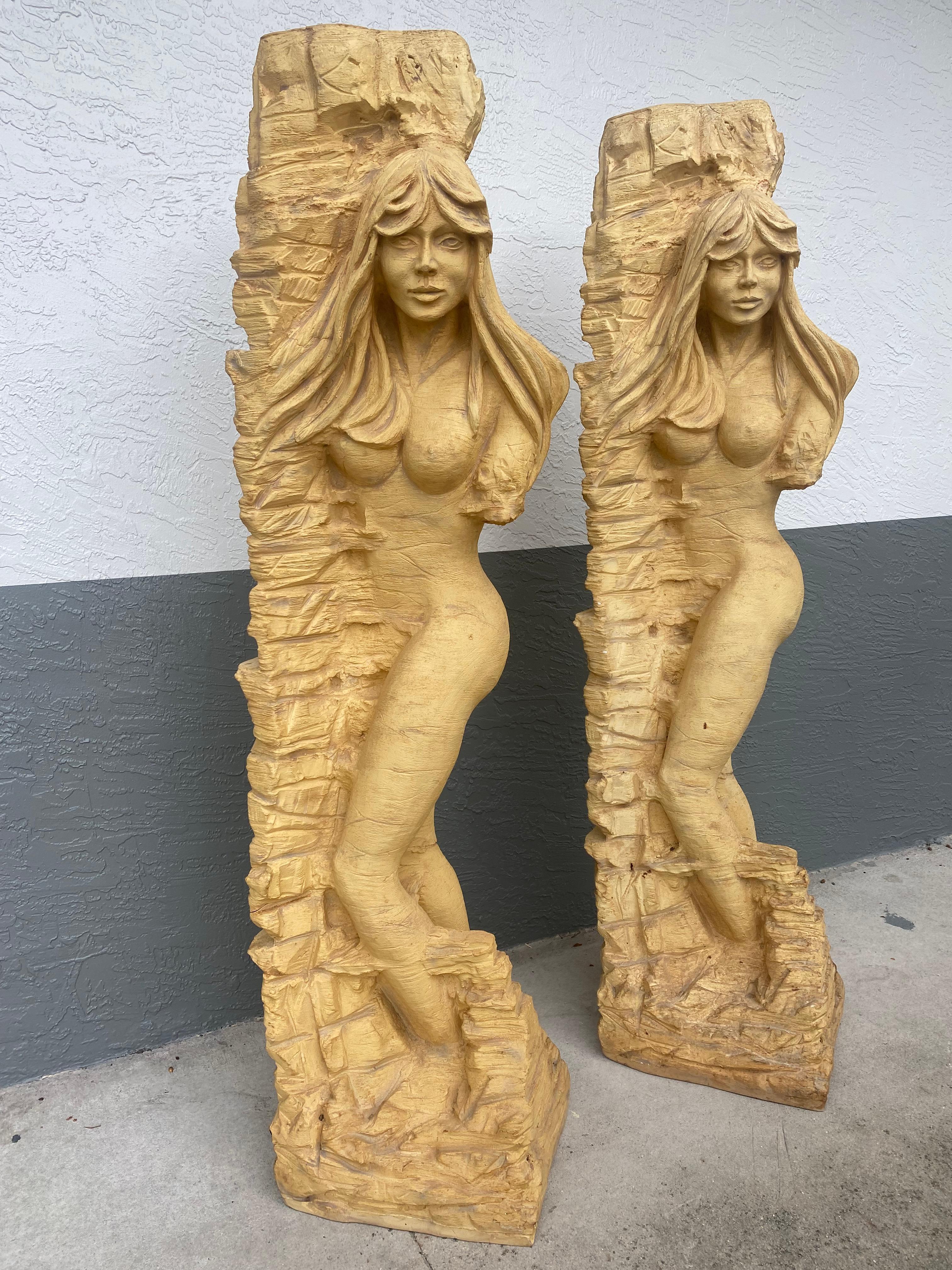 1950s Mid Century Life Size Female Sirens Column Sculptures Statues In Good Condition For Sale In Fort Lauderdale, FL
