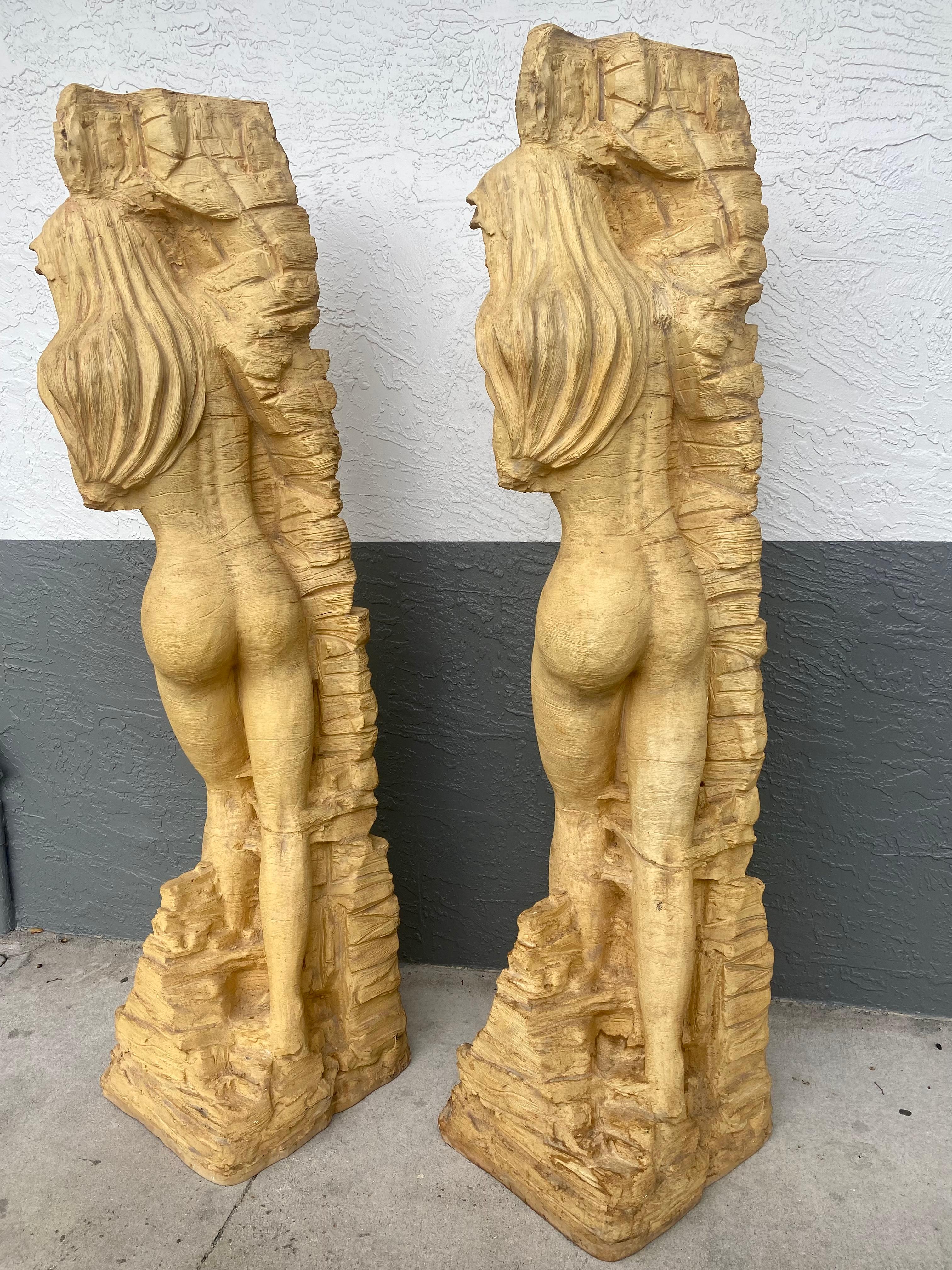 Wood 1950s Mid Century Life Size Female Sirens Column Sculptures Statues For Sale