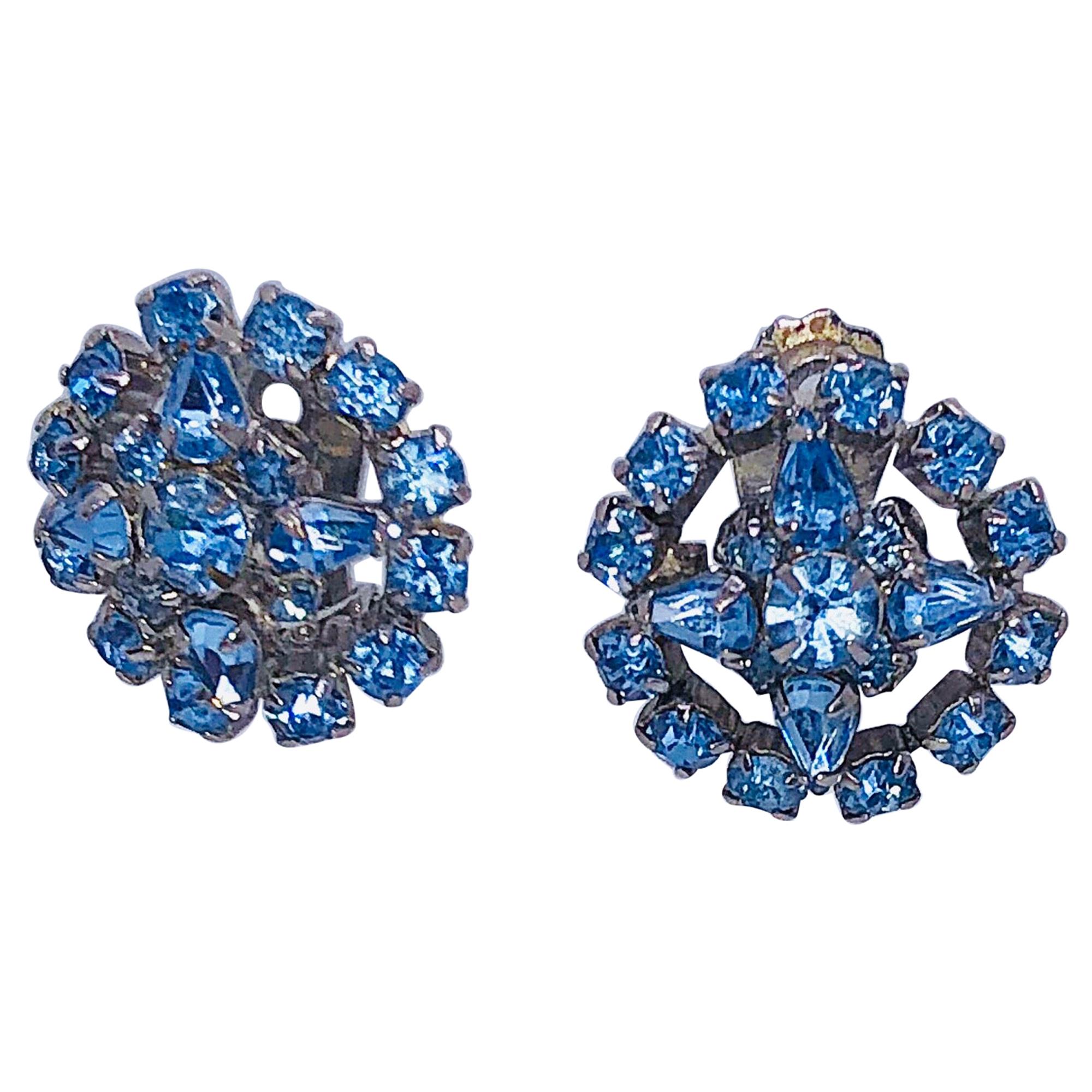 1950s Light Blue Rhinestone Round Crystal Clip - On Vintage 50s Earrings For Sale