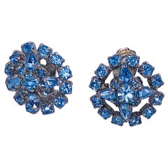 1950s Light Blue Rhinestone Round Crystal Clip - On Vintage 50s Earrings