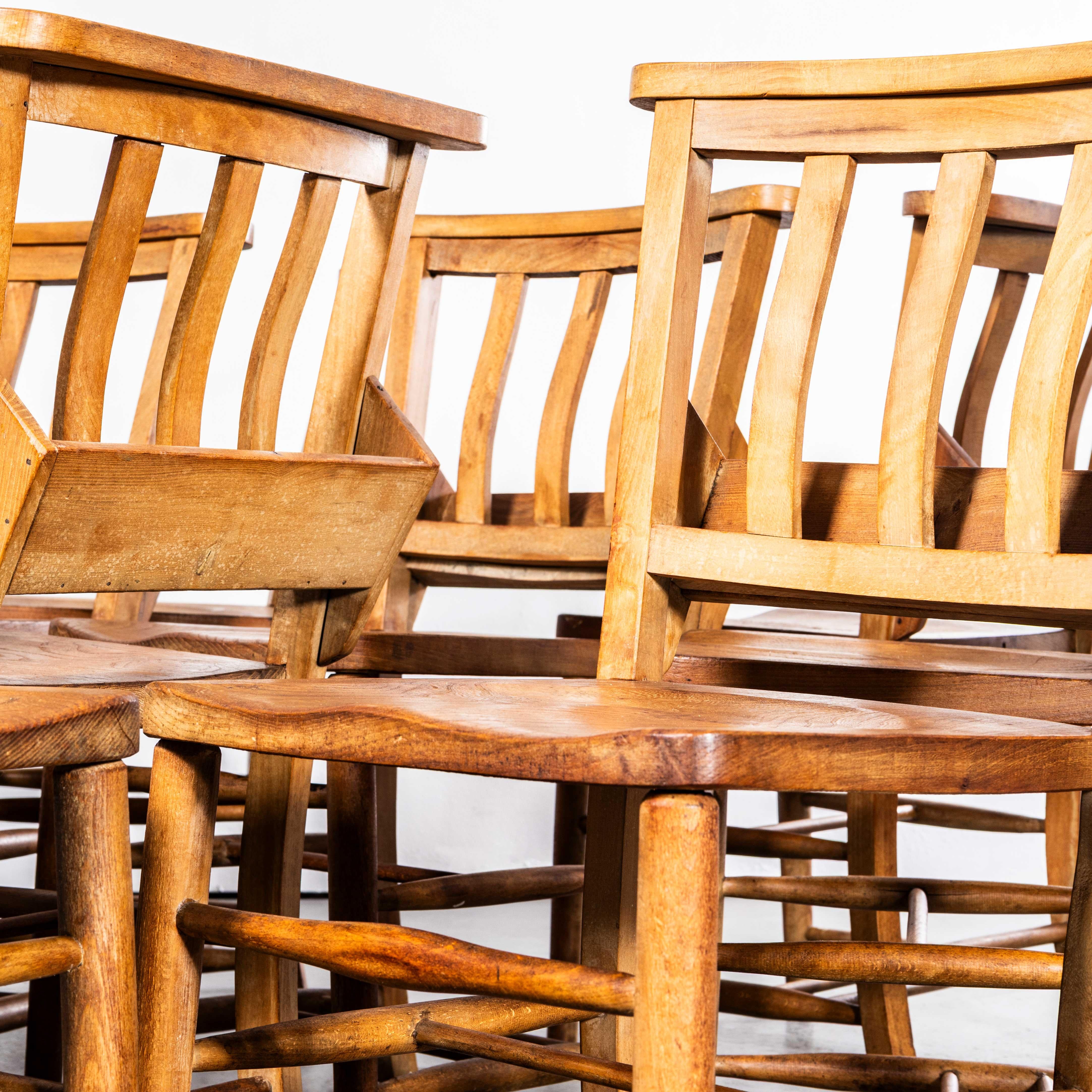 Mid-20th Century 1950's Light English Slatted Back Church Dining Chairs - Set Of Ten For Sale