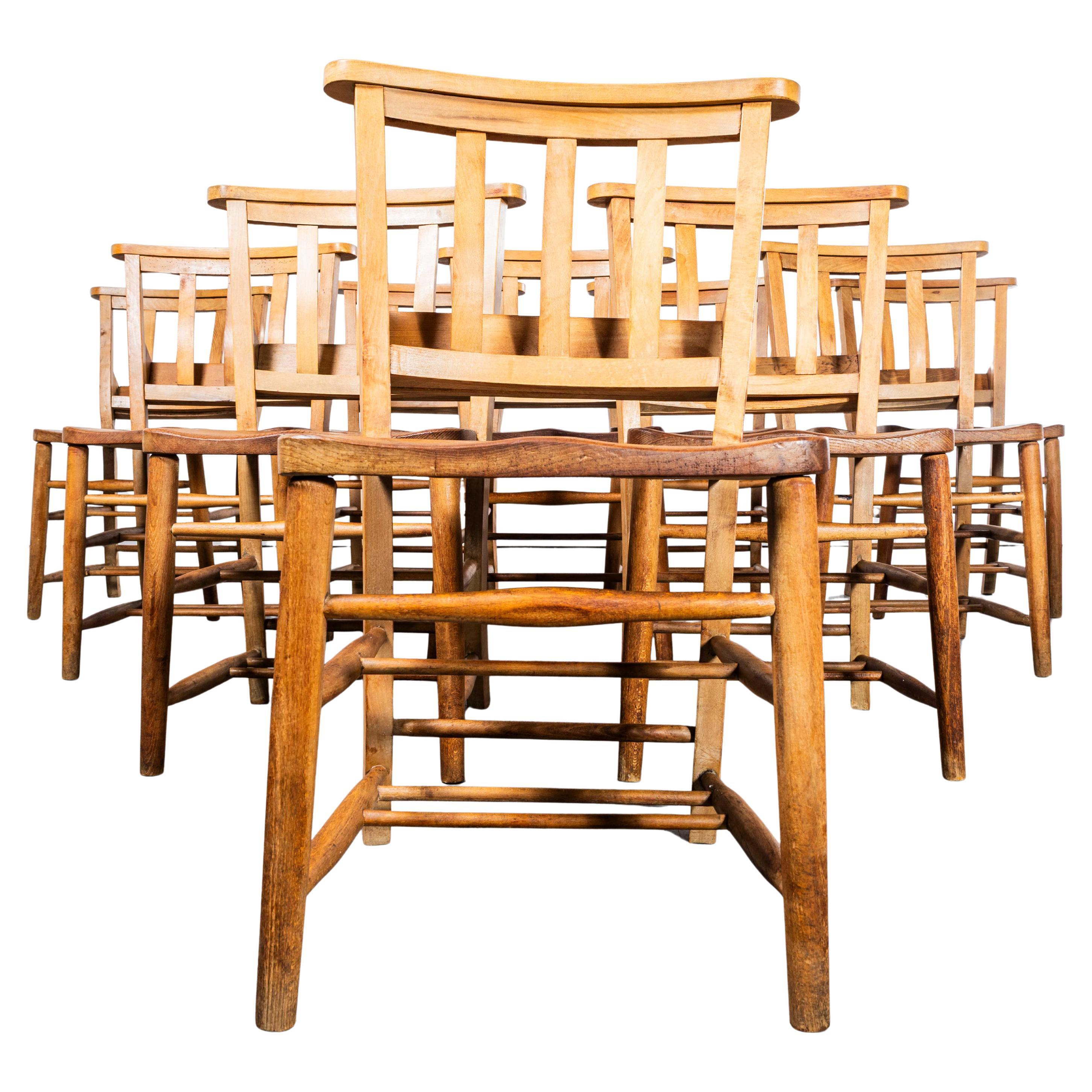 1950's Light English Slatted Back Church Dining Chairs - Set Of Ten For Sale
