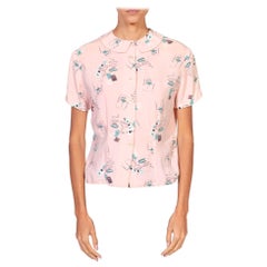 1950S Light Pink & Blue Cotton Joker Cigar Printed Blouse