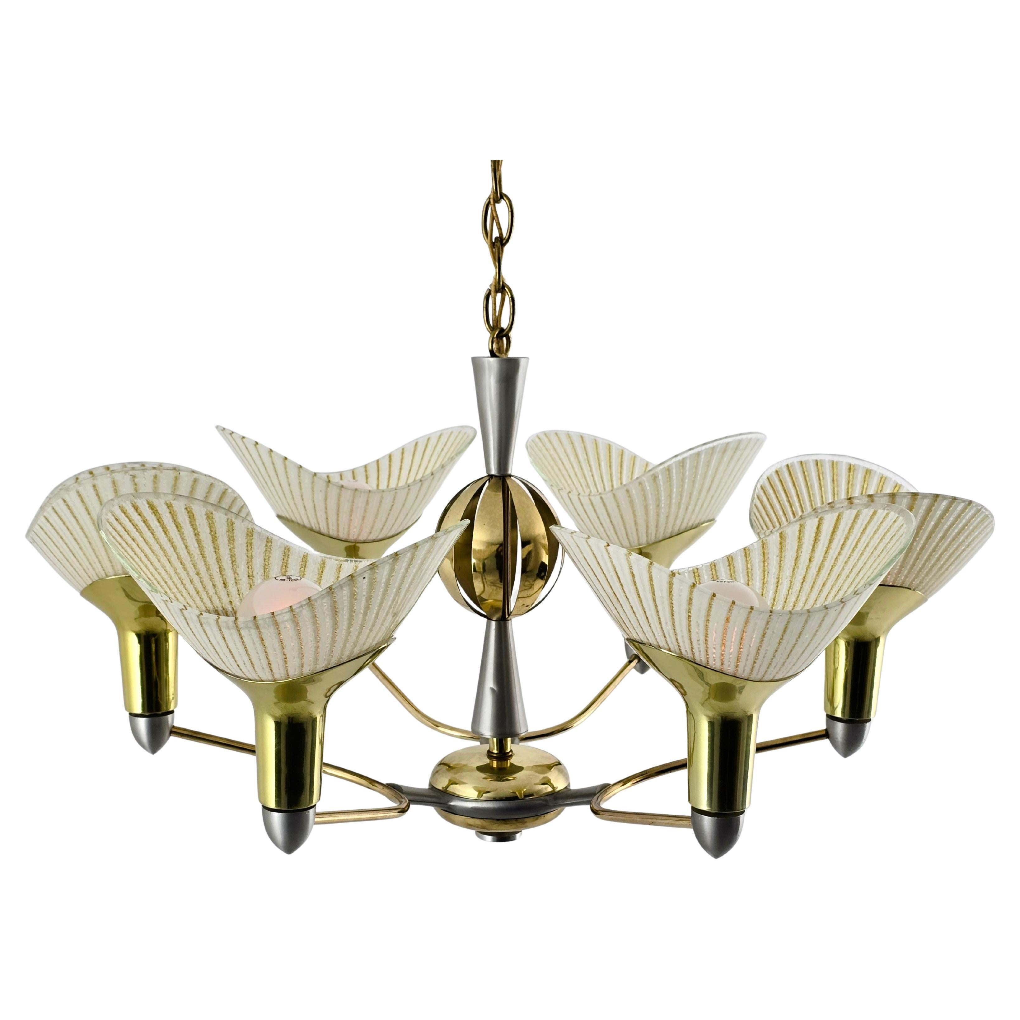 1950s Lightolier Lámpara de araña Art Deco de 6 brazos , EE.UU.