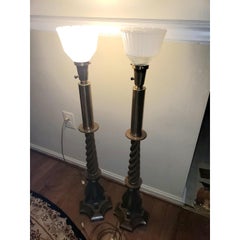 1950s Lightolier Carved Walnut Wood and Brass, Milk Glass Lamps, a Pair