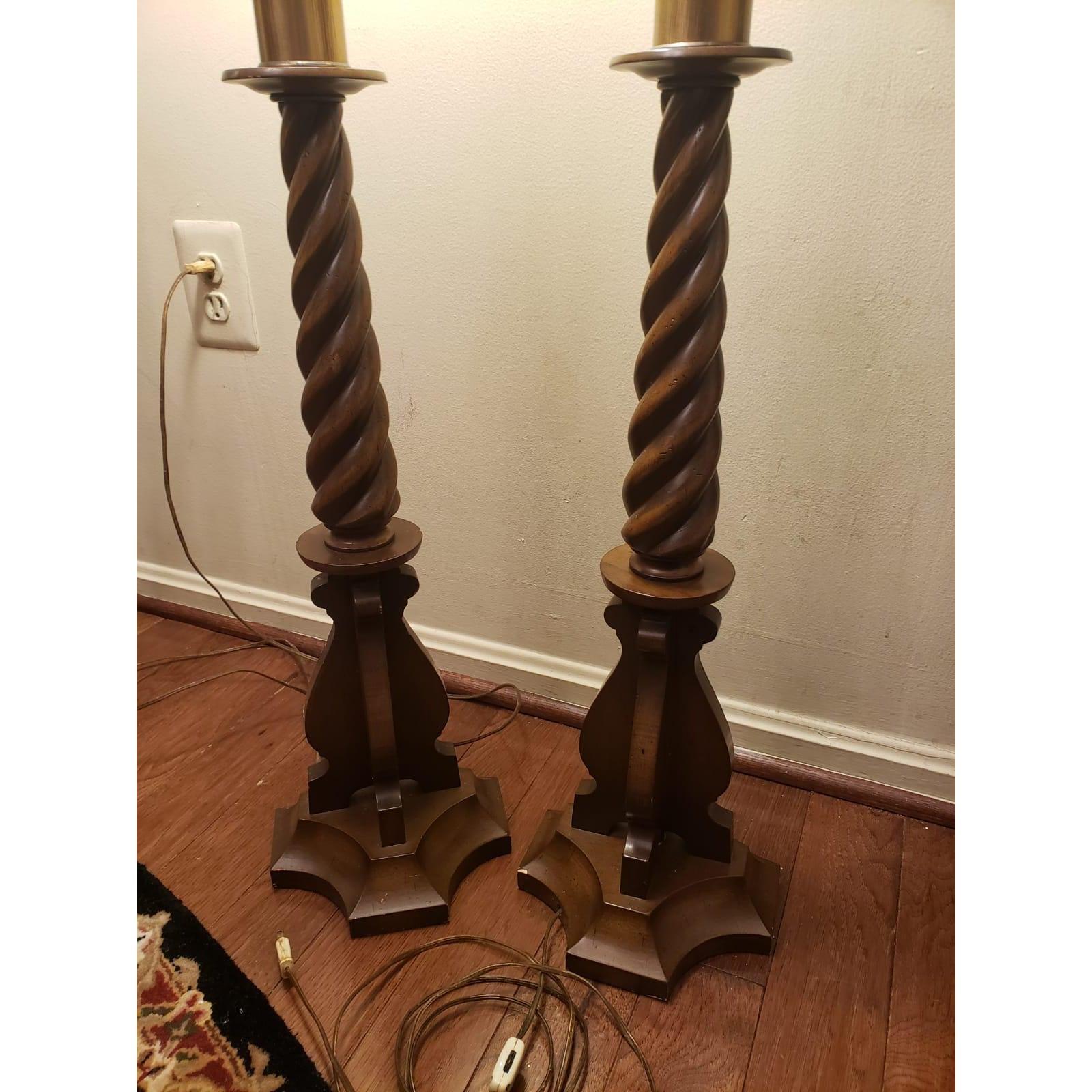 American 1950s Lightolier Carved Walnut Wood and Brass, Milk Glass Lamps, a Pair For Sale