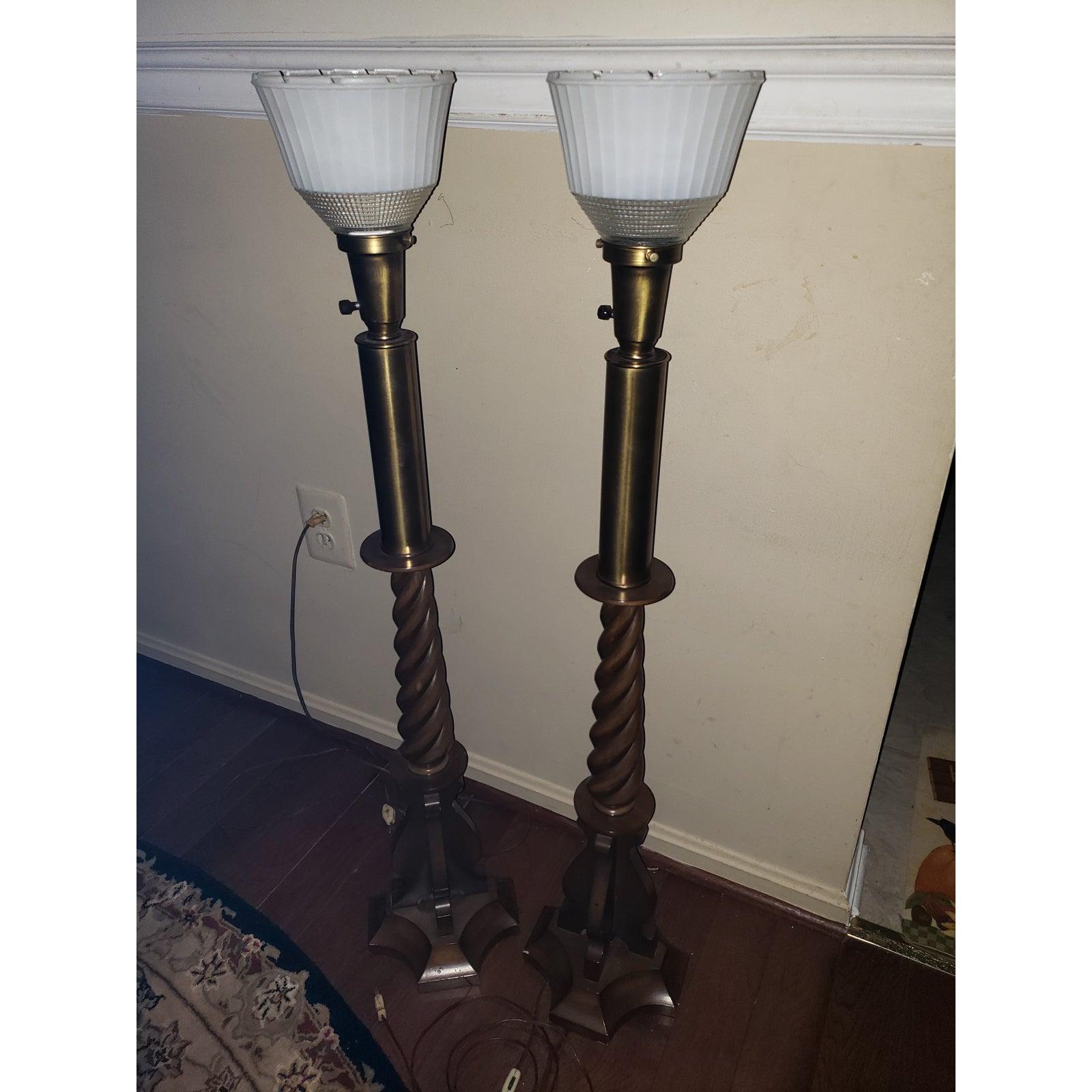20th Century 1950s Lightolier Carved Walnut Wood and Brass, Milk Glass Lamps, a Pair For Sale