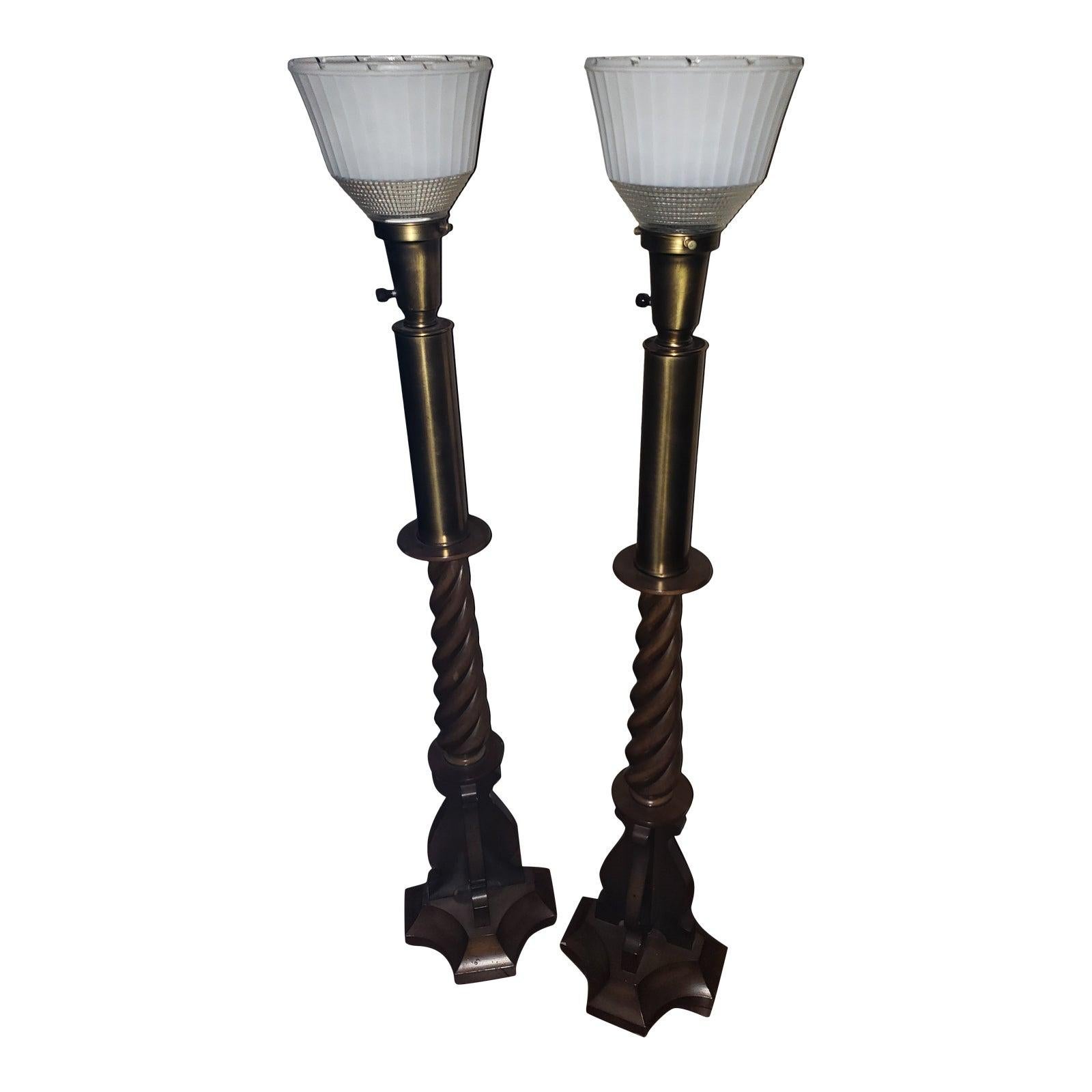 1950s Lightolier Carved Walnut Wood and Brass, Milk Glass Lamps, a Pair For Sale