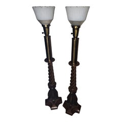 1950s Lightolier Carved Walnut Wood and Brass, Milk Glass Lamps, a Pair